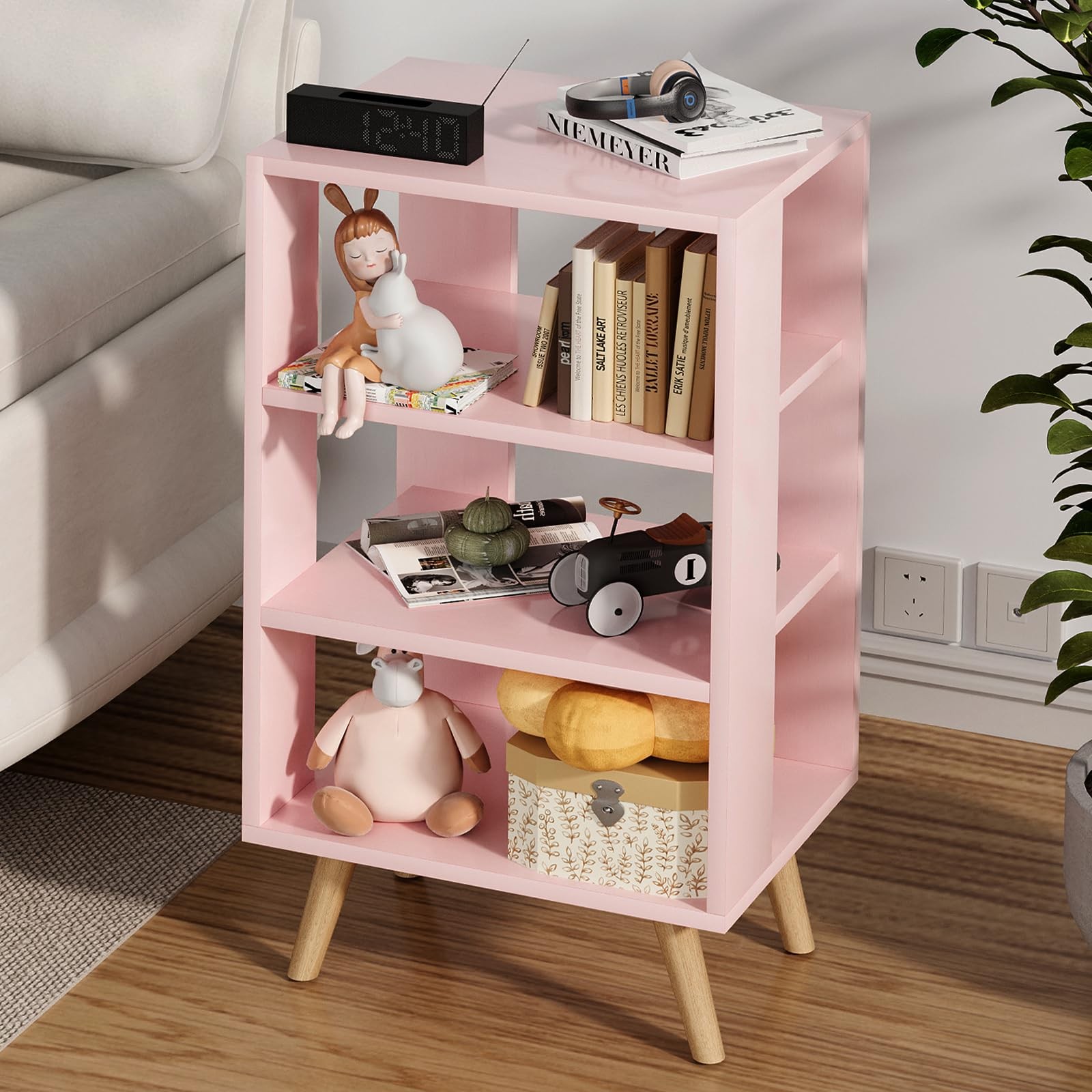 Aenuert Night Stand, Pink Nightstand, Modern End Table with Open Storage, 3-Tier