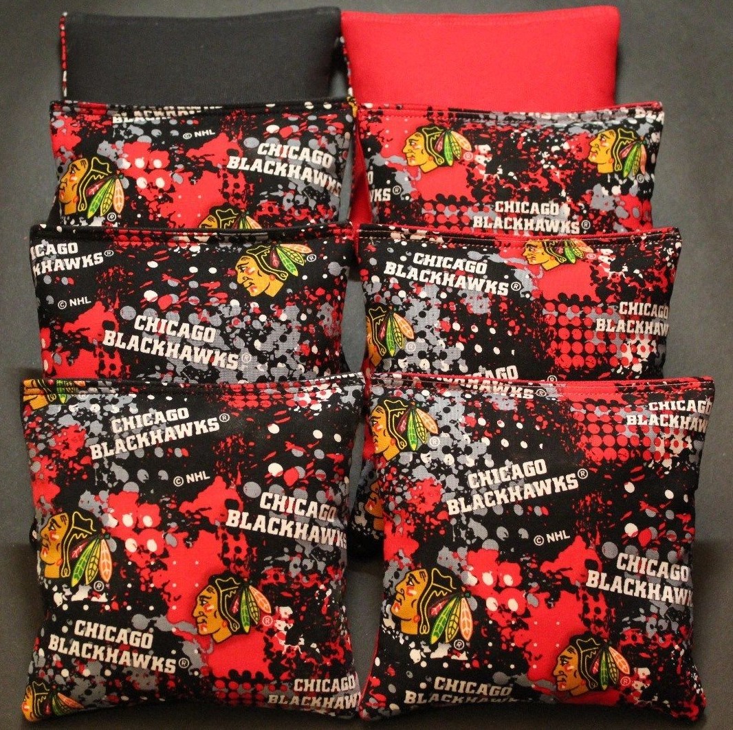8 CORNHOLE BEANBAGS made w Chicago BLACKHAWKS Fabric ACA Reg Bags, Top Quality!