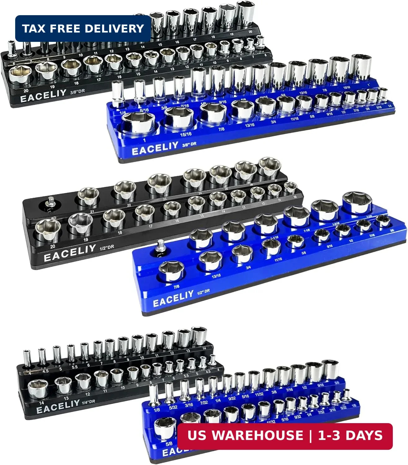 6 PCS Magnetic Socket Organizer Set, 1/2", 1/4" and 3/8" SAE & Metric Deep & Sha