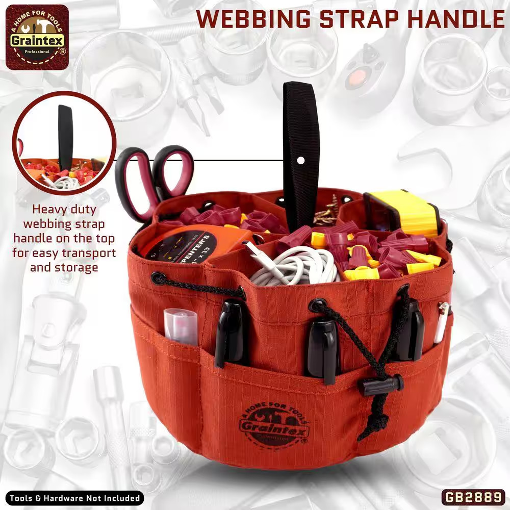 10 In. 18-Pockets Grab Tool Bag with Drawstring Closure in Rust Canvas