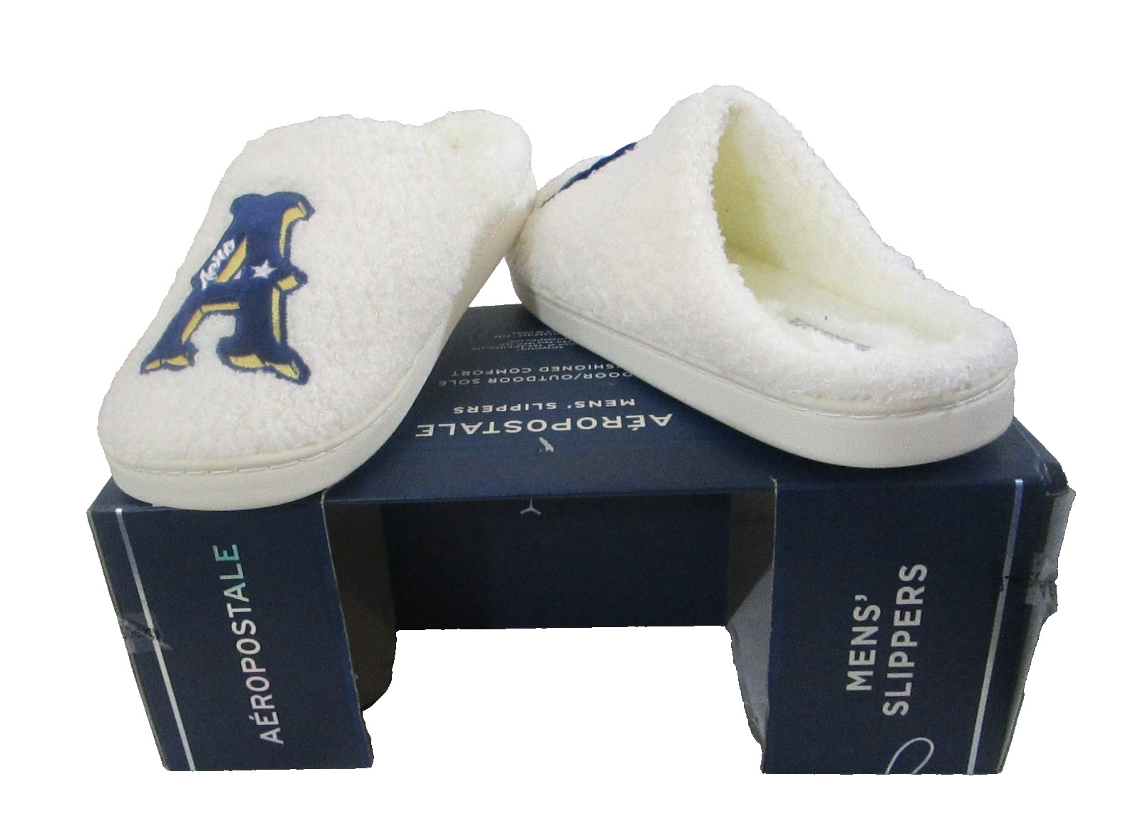 NIB Aeropostale Mens Sherpa Letter A Indoor Outdoor Slippers S 7/8 Ivory $35