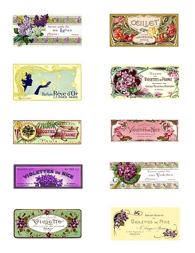 French Soap Labels Violets Lilacs Mini Fabric Blocks