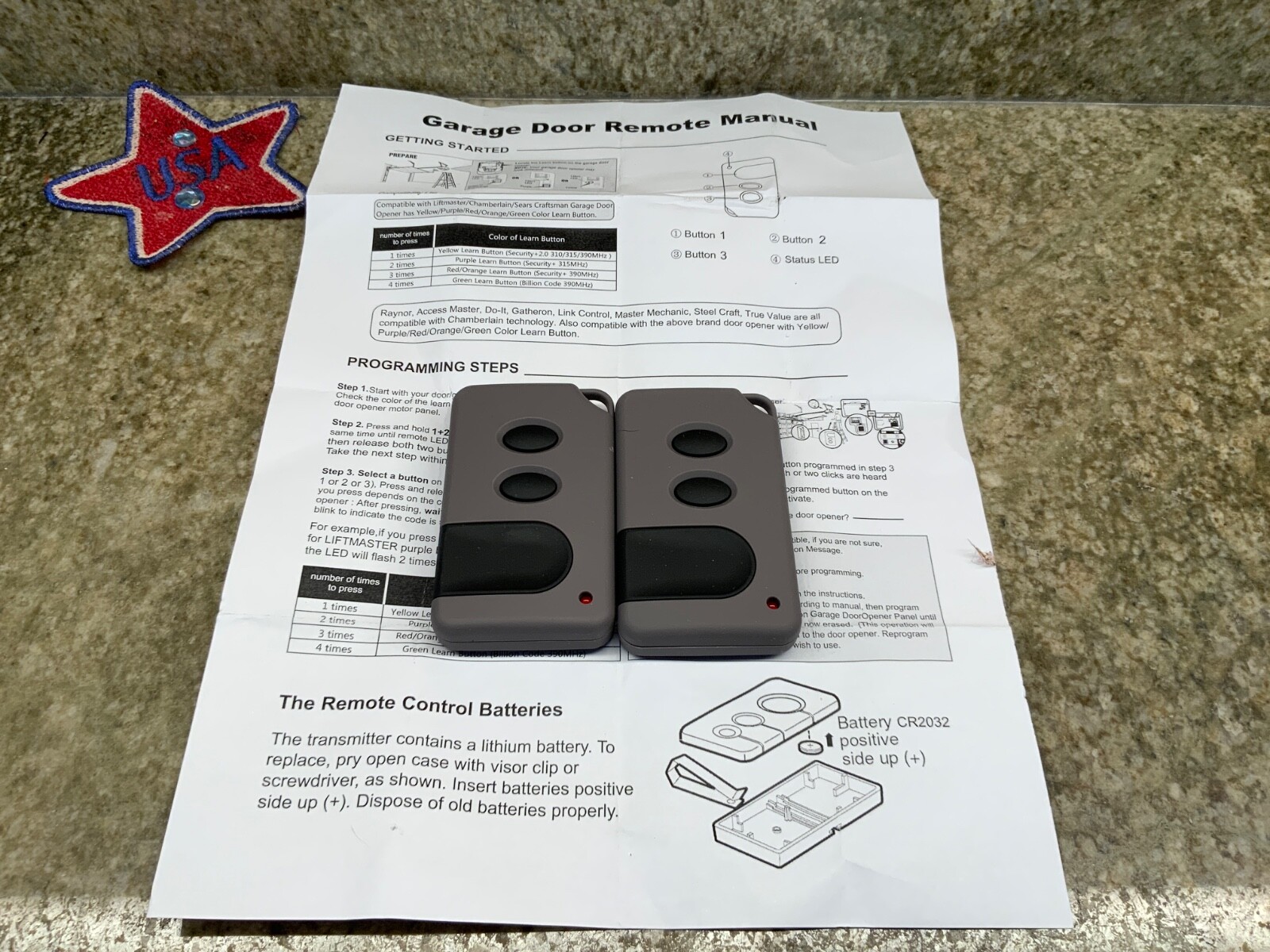 2 Generic Garage Door Opener Remotes - 3 button Remote HBW1255 139.53681B 390MHz