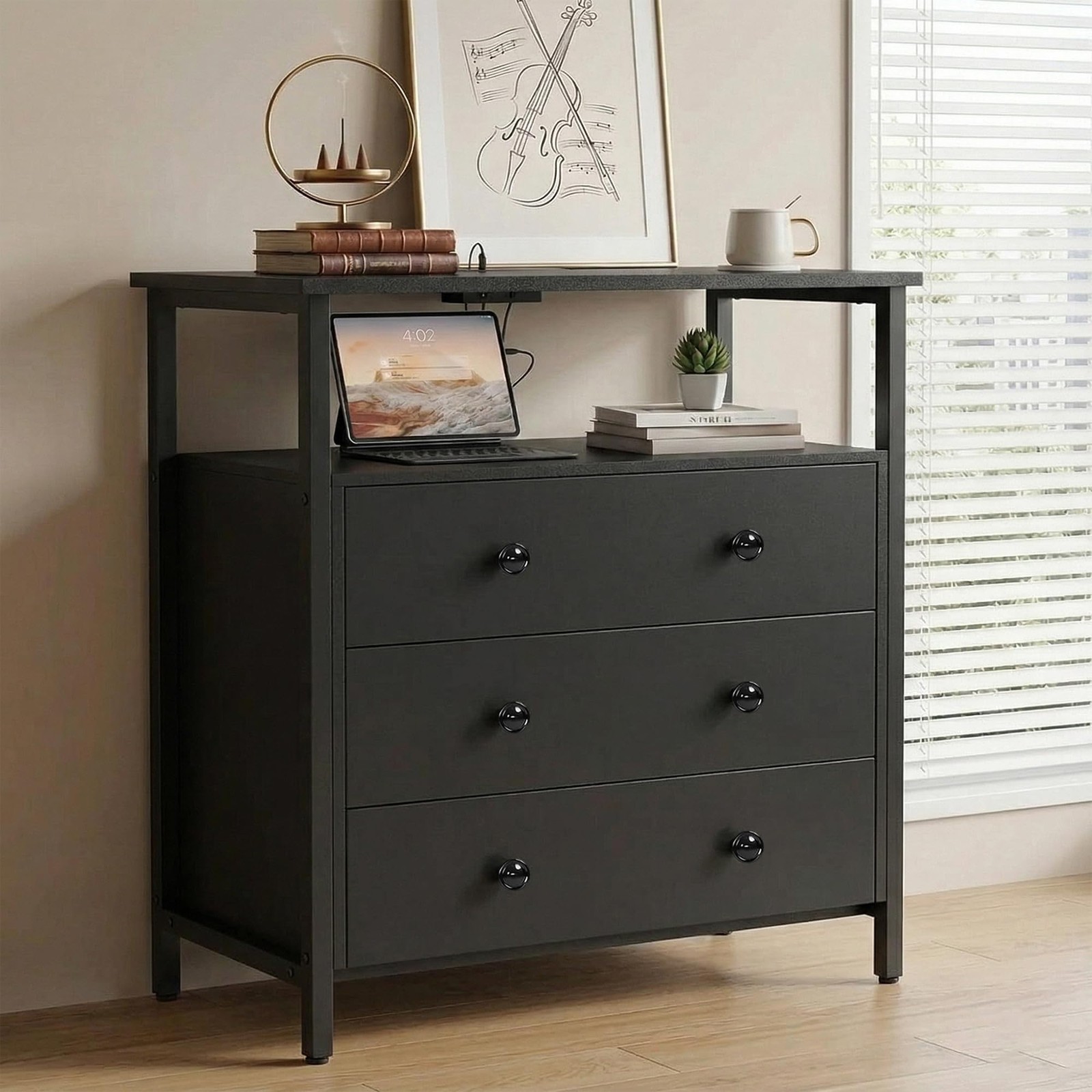 3 Wooden Drawers Night Stand, 27 Inch Wide Nightstand with Charging Station a...