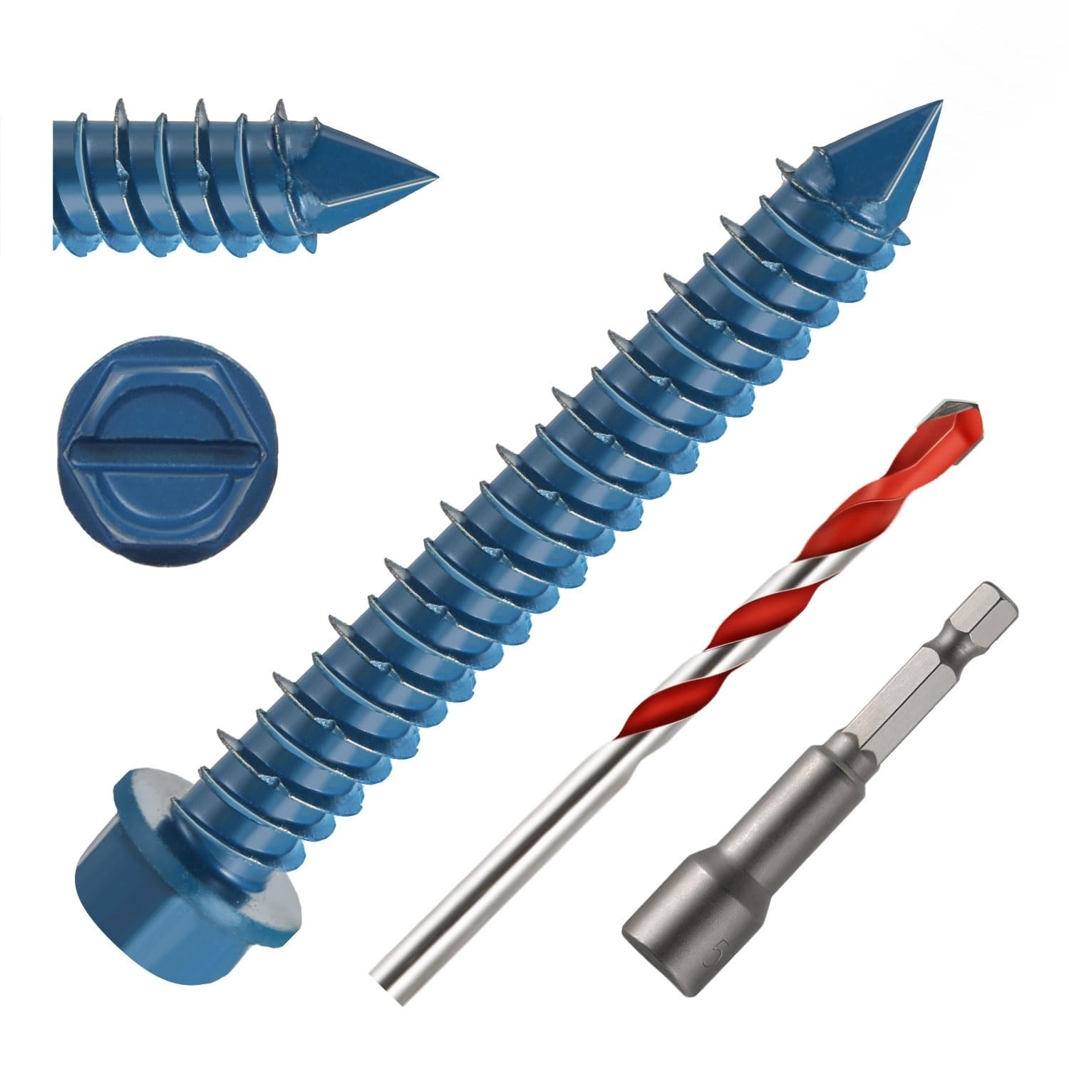3/16" x 1-3/4" Concrete Screws, 100 PCS Blue Hex Washer Head Concrete Screws ...