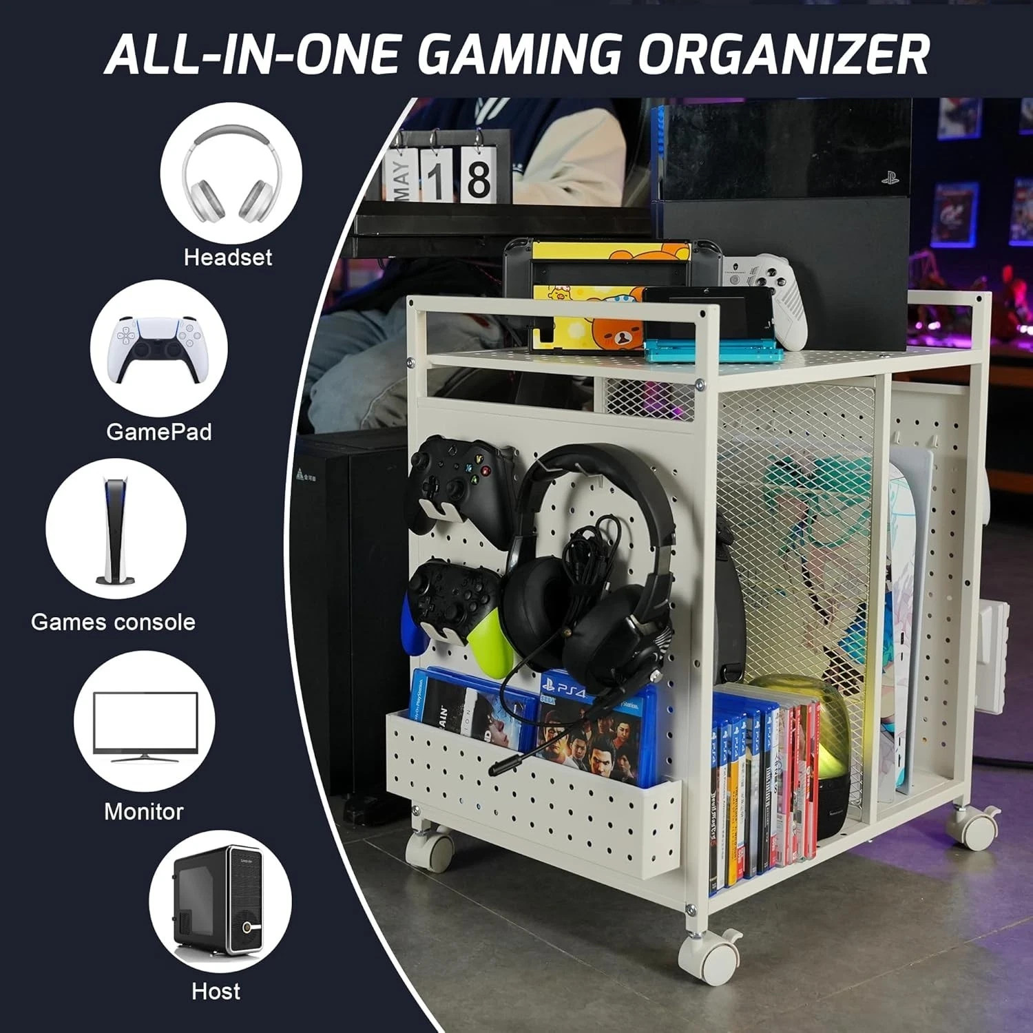 White Video Game Storage Rack for PS5 Xbox Console & Control Organizer Stand