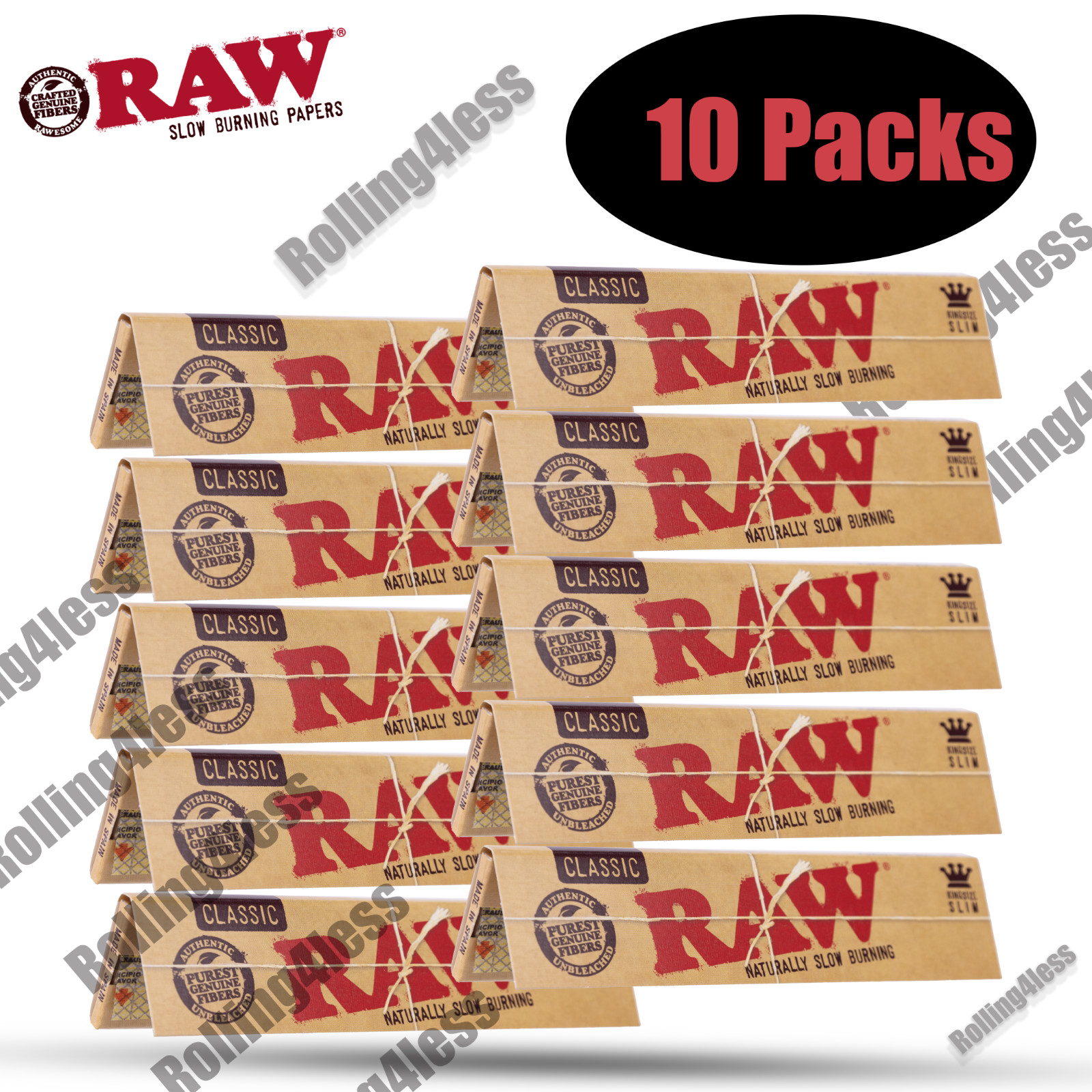 RAW Classic King Size Slim Rolling Papers 10 Packs 32 Leaves Authentic