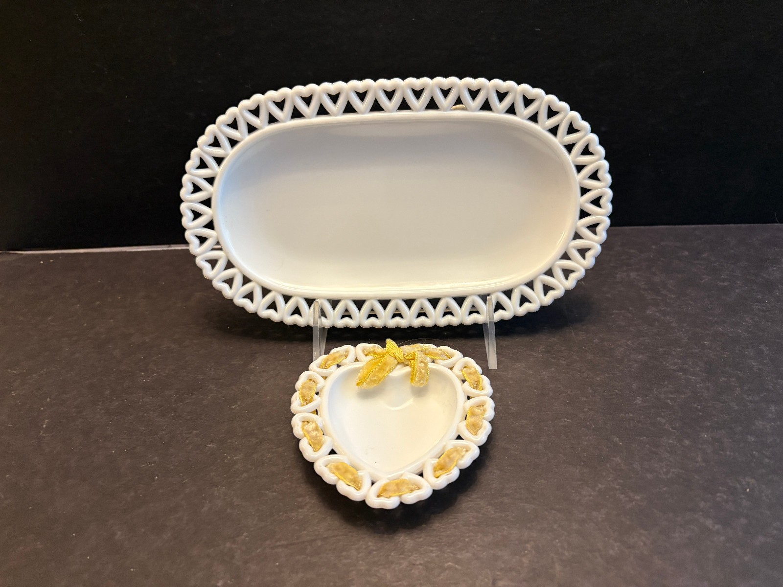 MILKGLASS OVAL TRAY, SMALL HEART DISH,, BOTH OPEN EDGE HEARTS, MADE IN SWEDEN