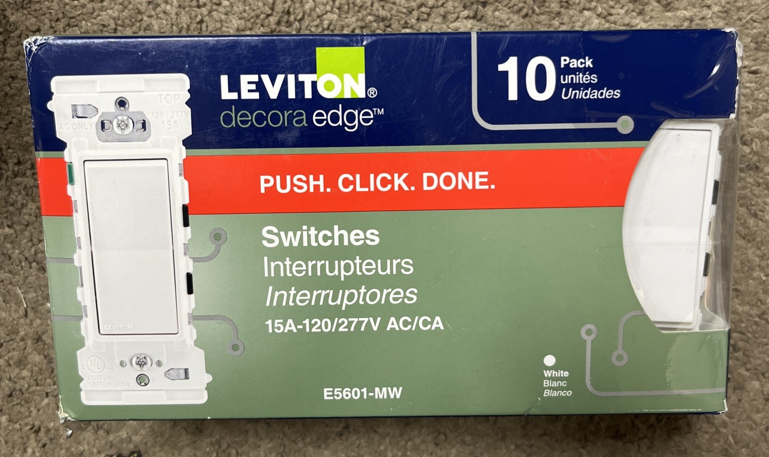 Leviton Decora Lever Edge 15 Amp 120/277 Volt Single Pole Switch, White (10-Pack