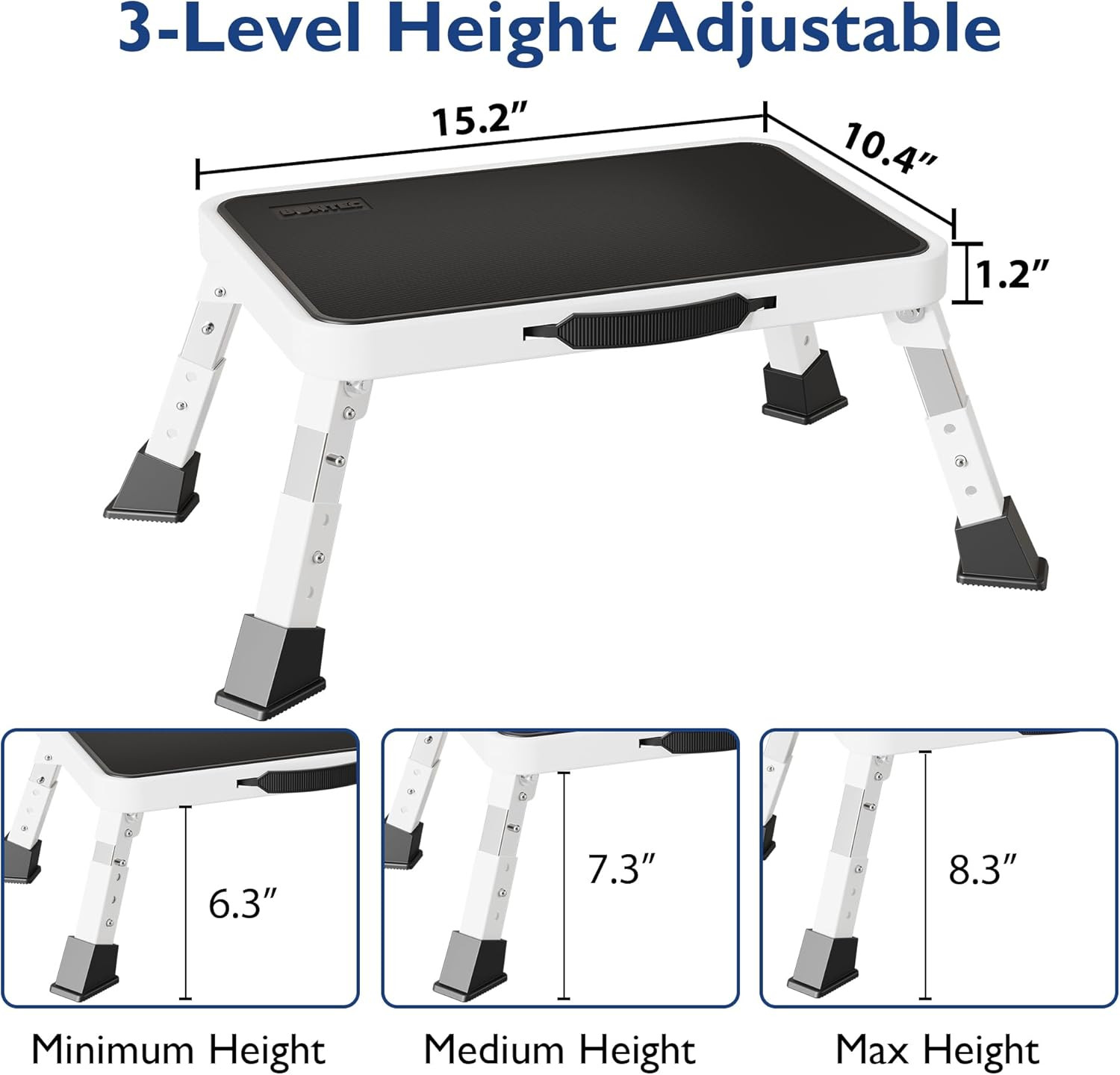 Folding Step Stool, 3-Level Adjustable Metal Step Stool with Anti-Slip Pedal and