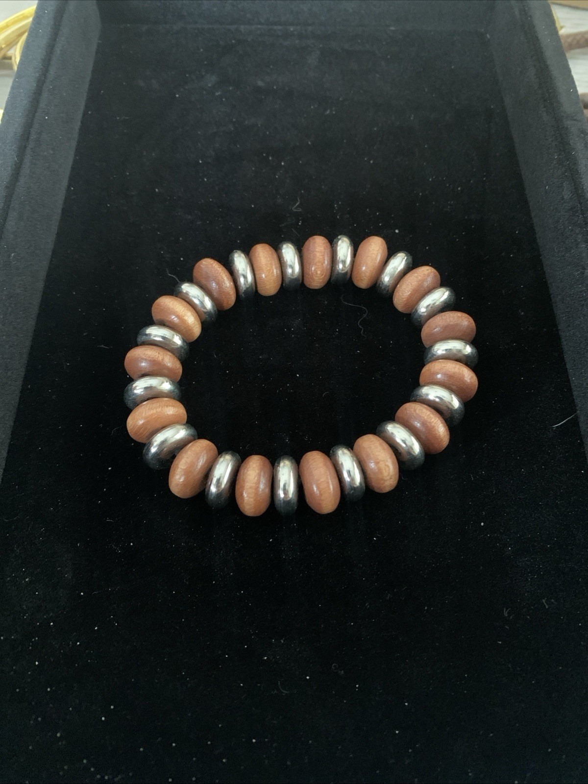 Bohemian Chic Natural Wooden And Silver Tone Metal Beaded Disc Stretch Bracelet