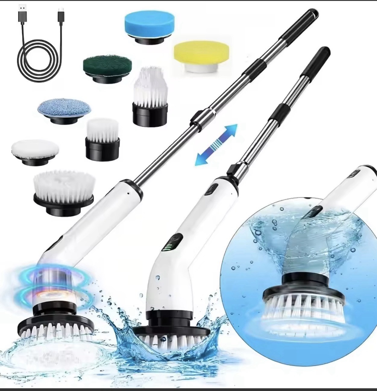 Electric Power Brush Scrubber Rechargeable Telescopic Handle Multiple Heads