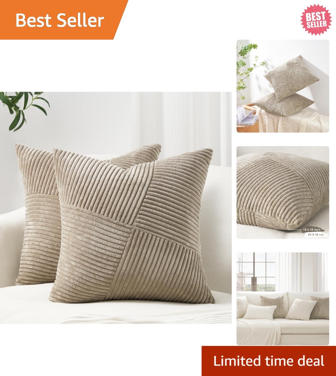 Elegant Light Brown Corduroy 18x18 Decorative Pillow Covers - Pack of 2 Designs