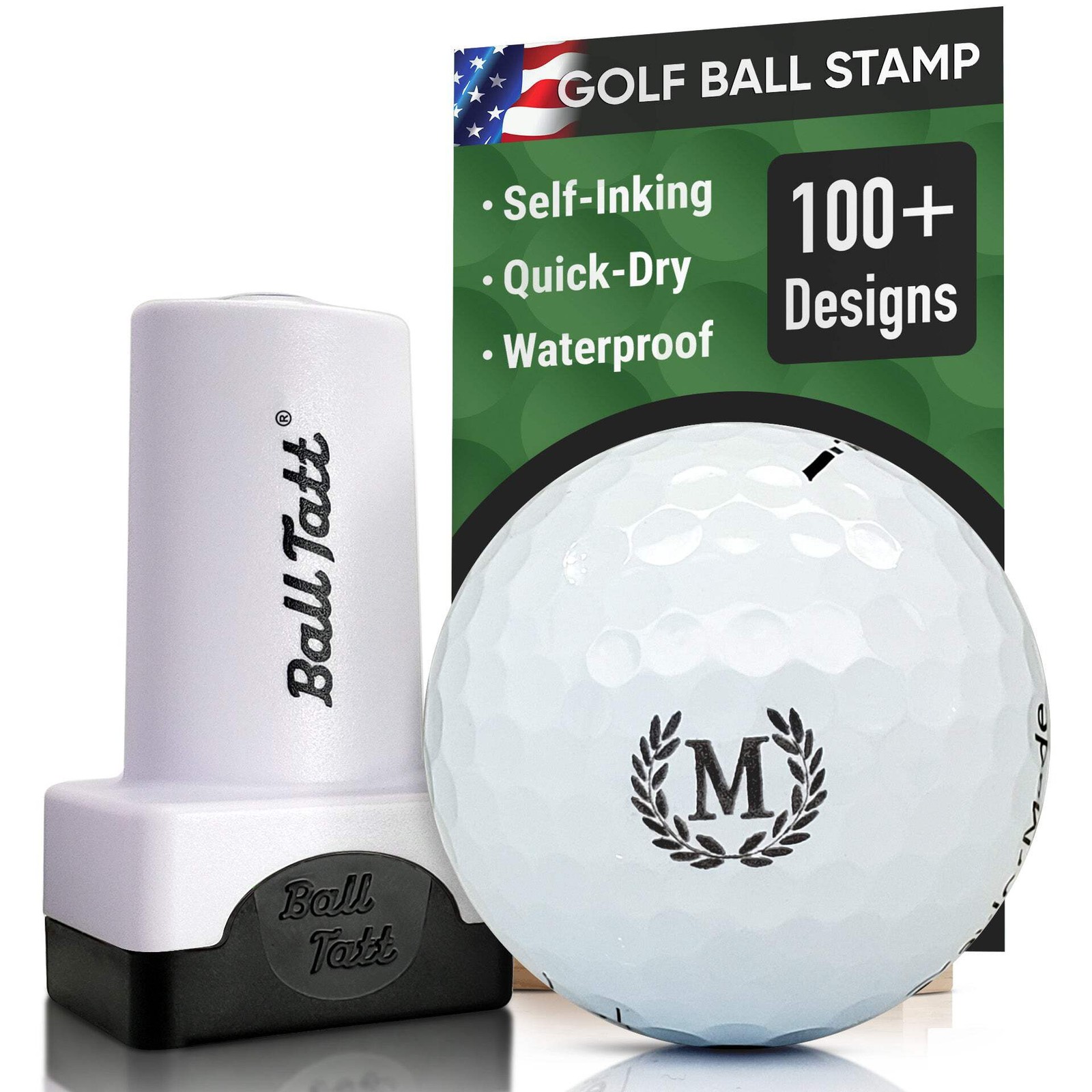 Ball Tatt - M Initial Golf Ball Stamp, Self-Inking Monogram Ball Stamper - Black
