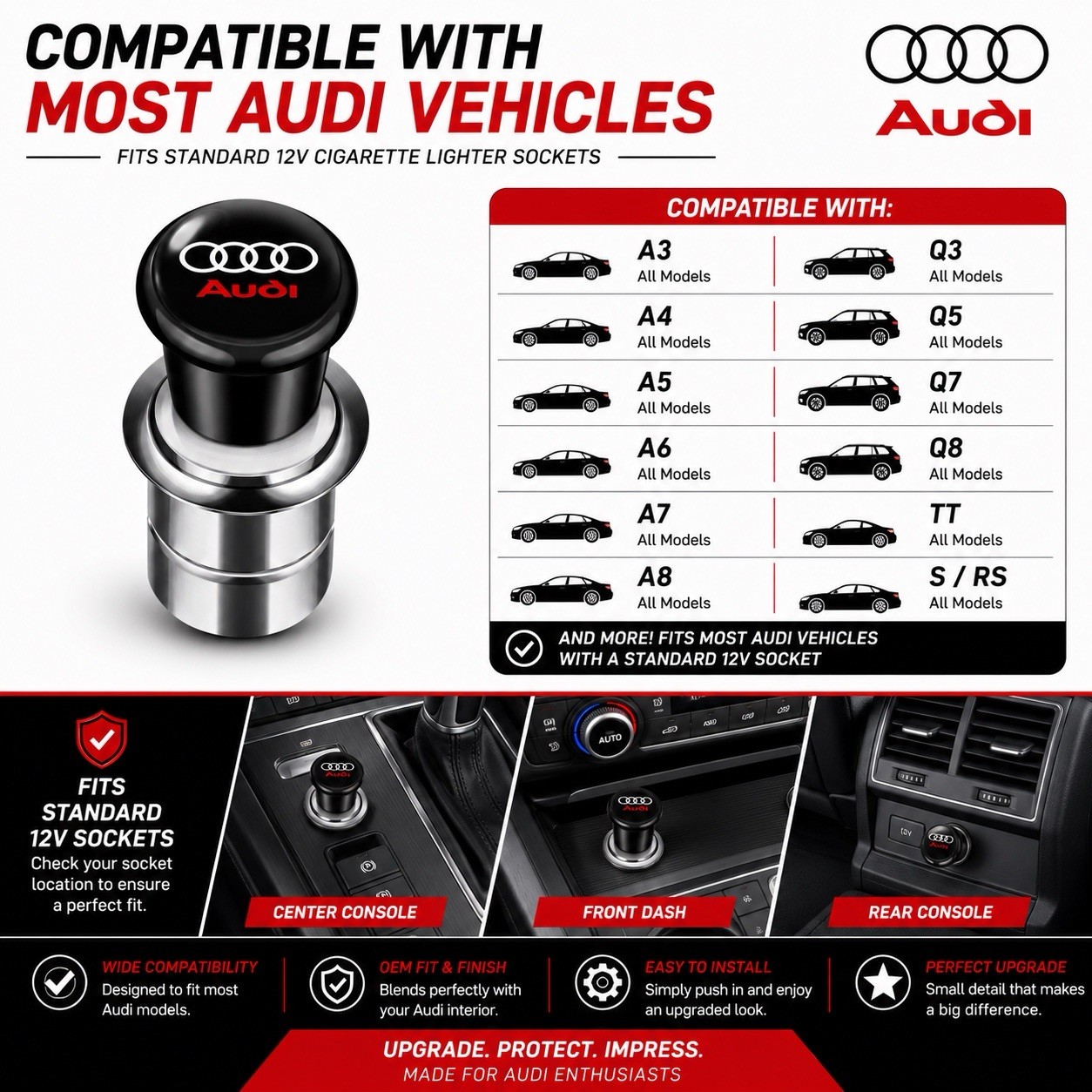 Audi Logo Car Cigarette Lighter Plug Push Button 12V Universal Auto Accessory