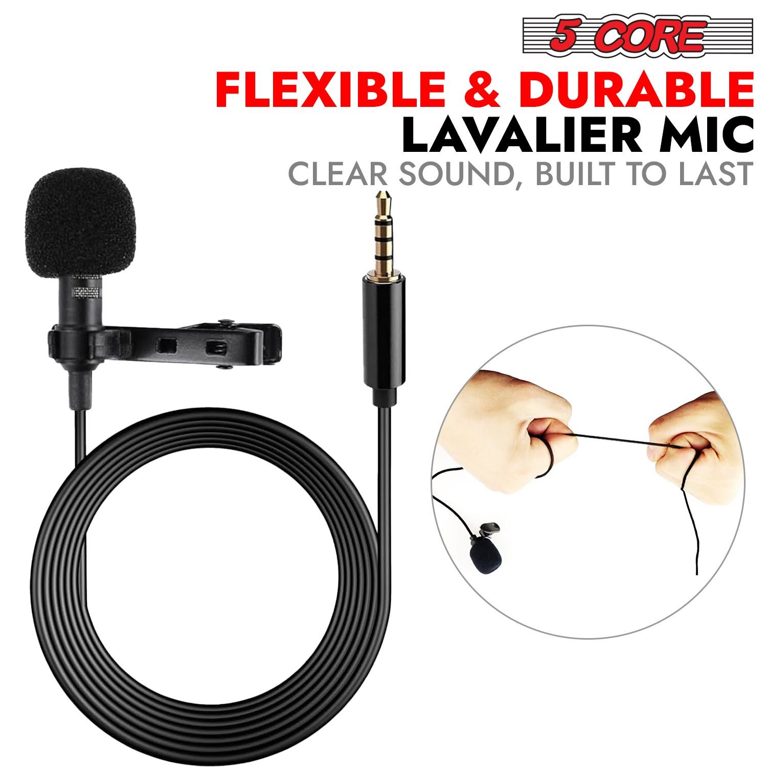 5 Core Omnidirectional Lavalier Microphone Clip-On Lapel Mic 3.5mm 2M