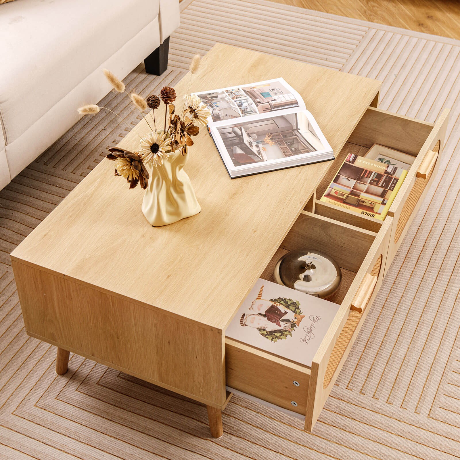 Rattan Coffee Table Mid Century Modern Center Table w/ 2 Storage Drawers
