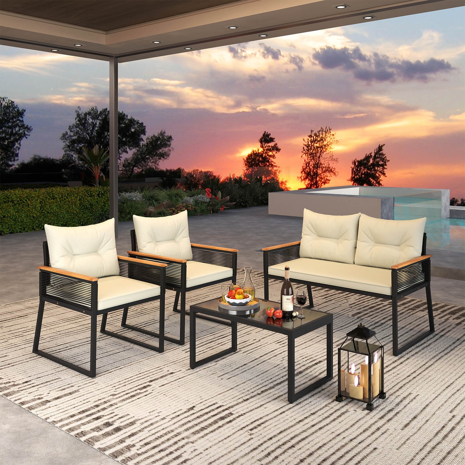 8 PCS Patio Furniture Set w/Tempered Glass Coffee Table PE Wicker Rattan Chairs