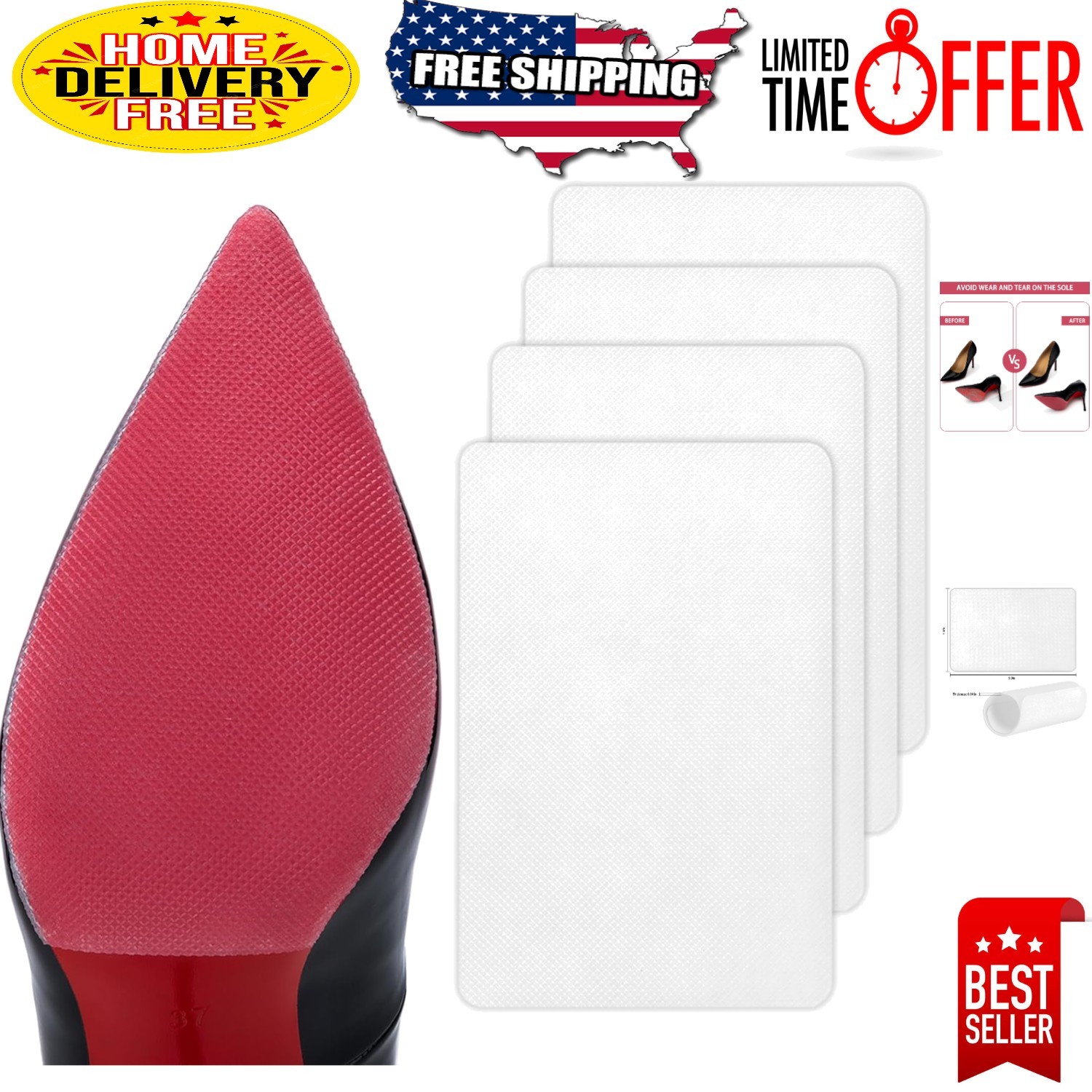 Self-Adhesive Silicone Shoe Grips - 4 Pcs Non-Slip Sole Protectors Medium Size