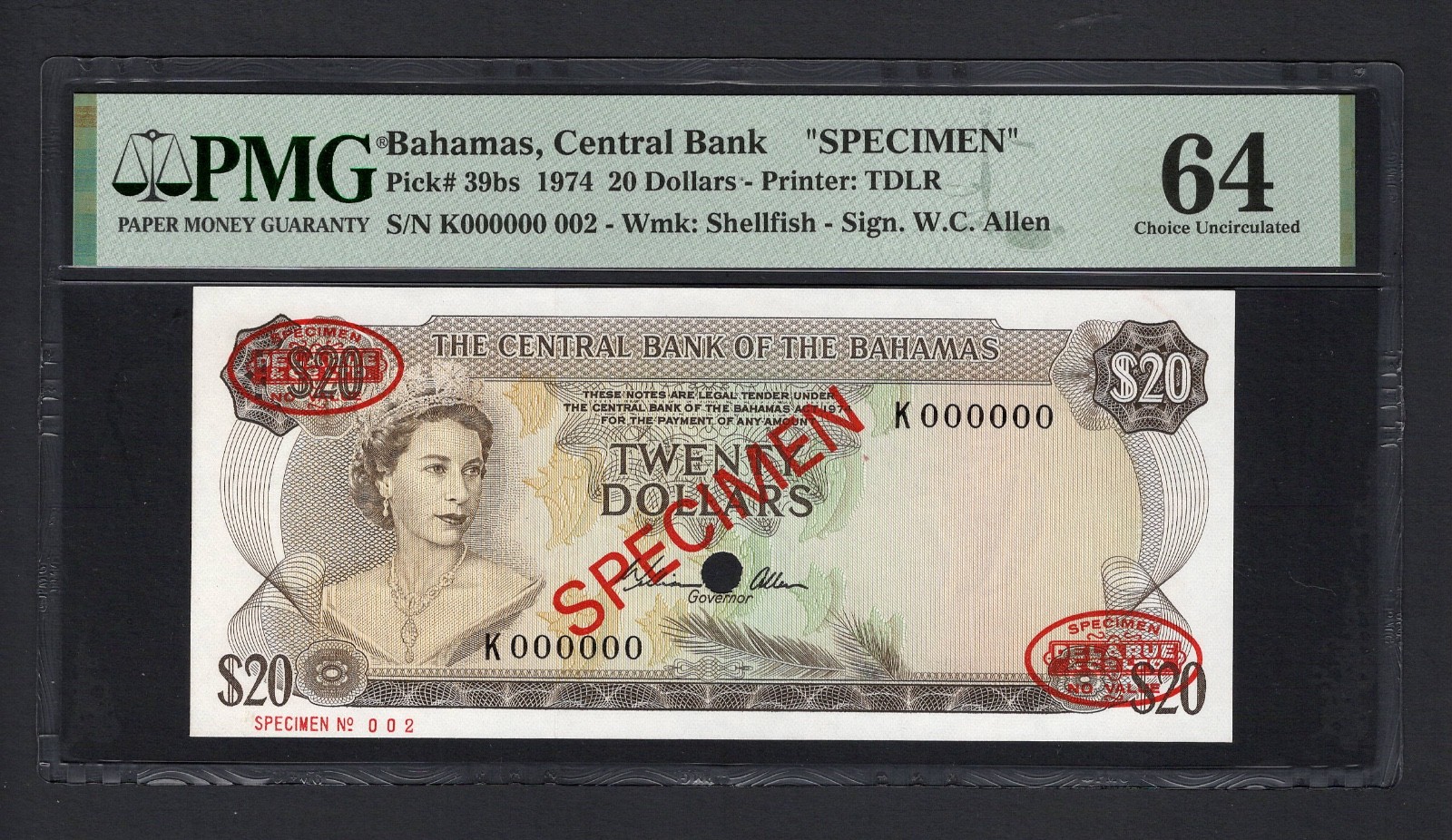 Bahamas 20 Dollars 1974 P39bs "Specimen N.002" Uncirculated Grade 64 Top Pop