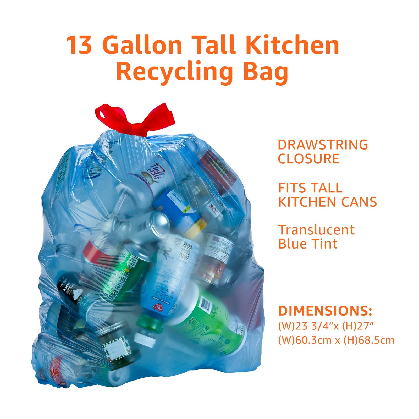 Amazon Basics Blue Recycling Drawstring Trash 60 Count (Pack of 1),