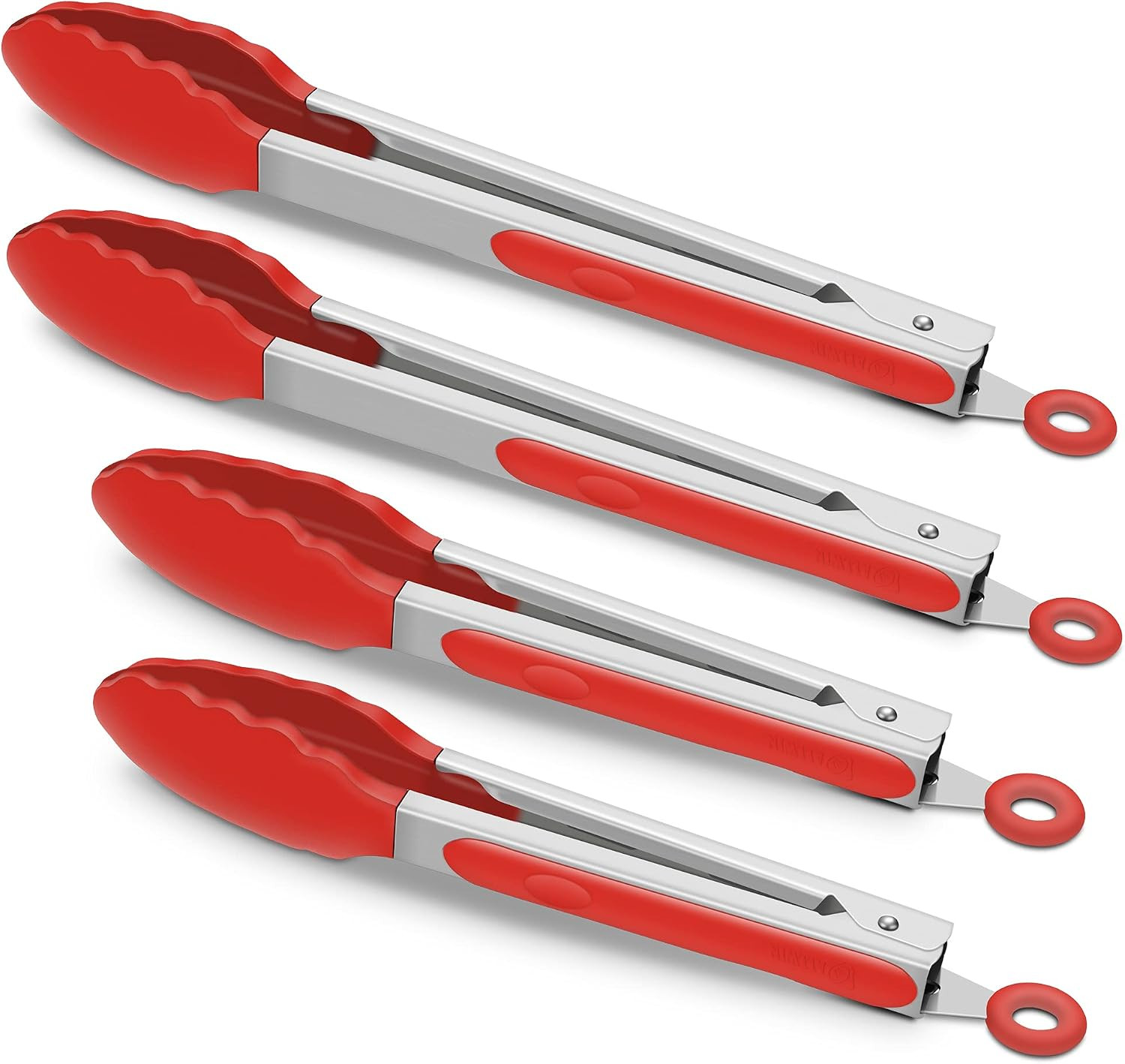 4-Pack Red Silicone Kitchen Tongs Set, 9 & 12 Inch, Stainless Steel | Locking De