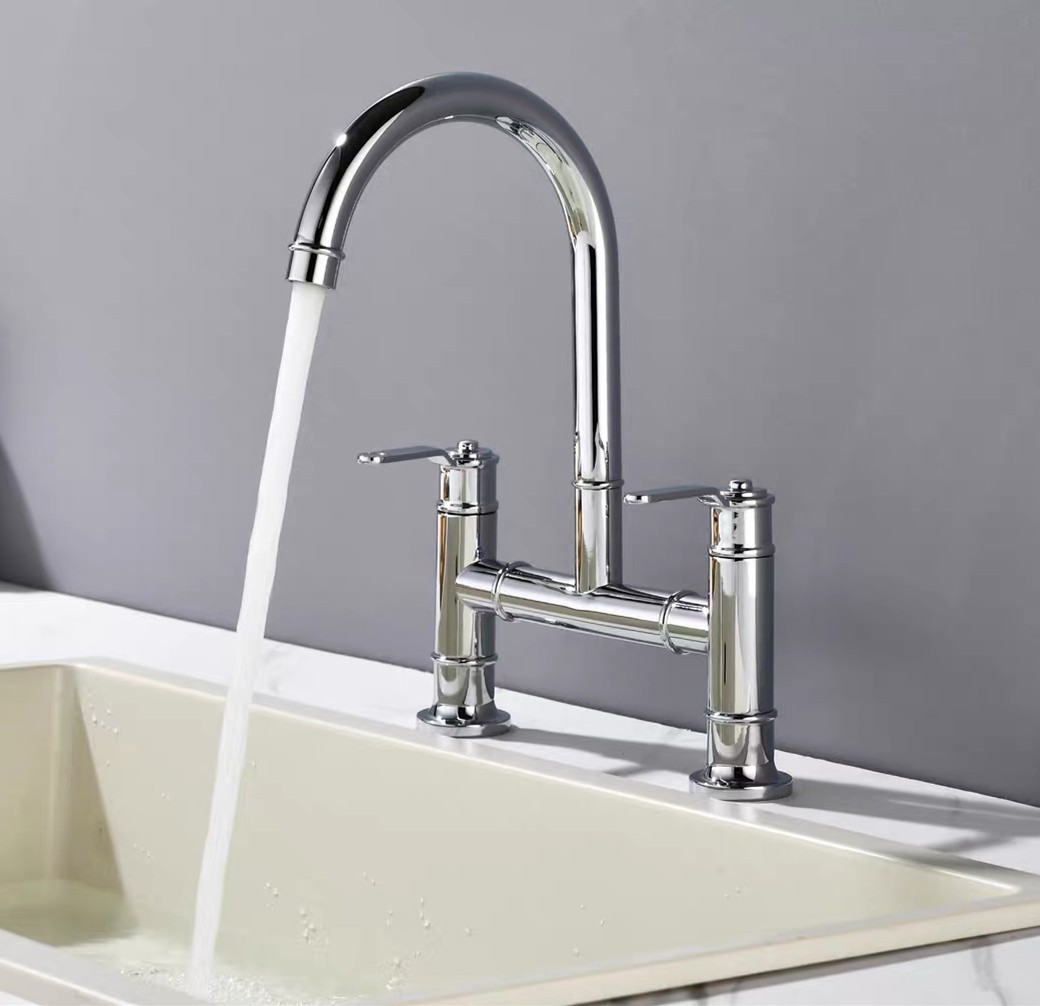 Brass Chrome Kitchen Faucet Double Handles Sink Mixer Tap Two Holes Deck Mounted