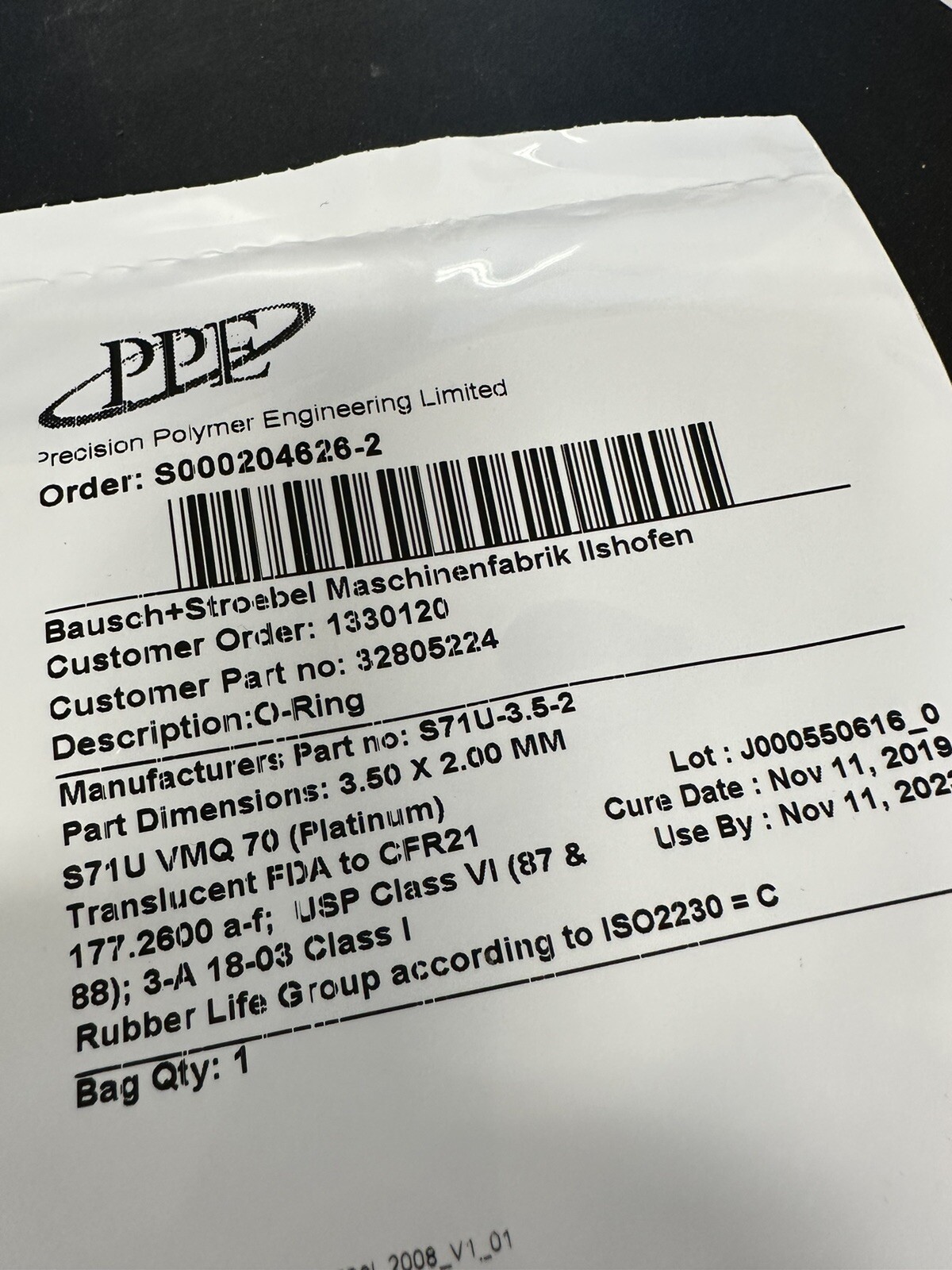 Precision Polymer Engineering O-Ring S71U-3.5-2