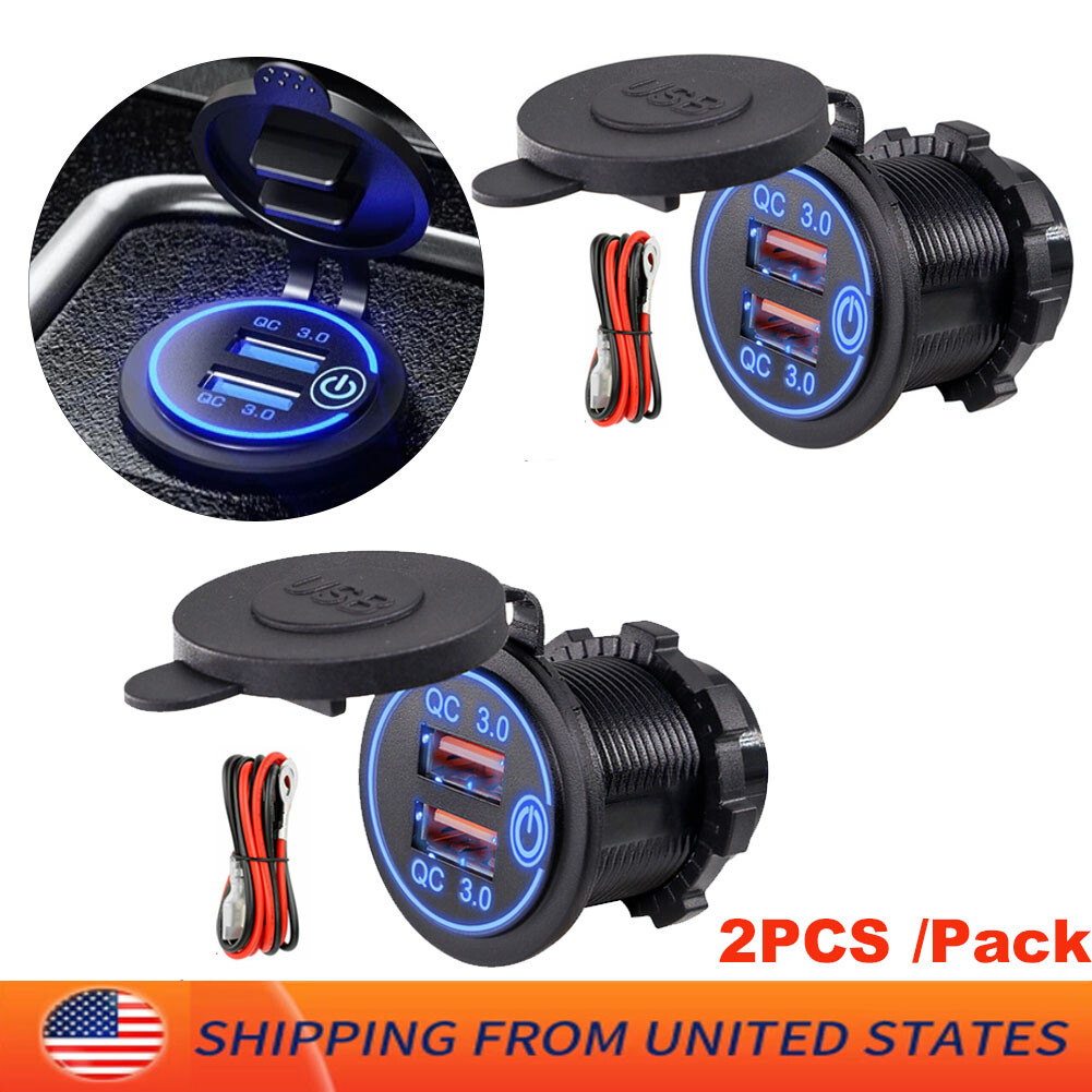 2PCS Car USB Outlet 12V Charger Socket 36W Dual QC3.0 USB Power Socket +Switch