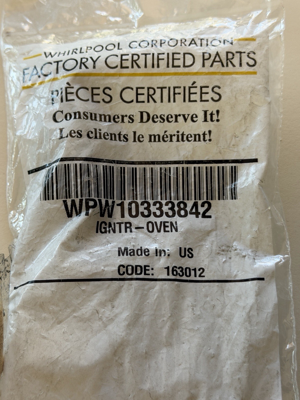 NEW GENUINE OEM WHIRLPOOL RANGE OVEN SPARK ELECTRODE IGNITOR WPW10333842