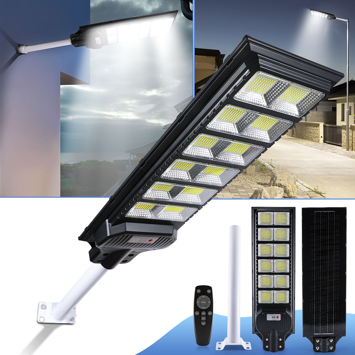 6500W Commercial Solar Street Light Dusk-to-Dawn 1200 LED Super Bright Lamp+Pole