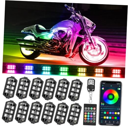 Motorcycle LED Underglow Kit,  12 Pcs APP Control RGB Chasing Mode 16 Flow RGB