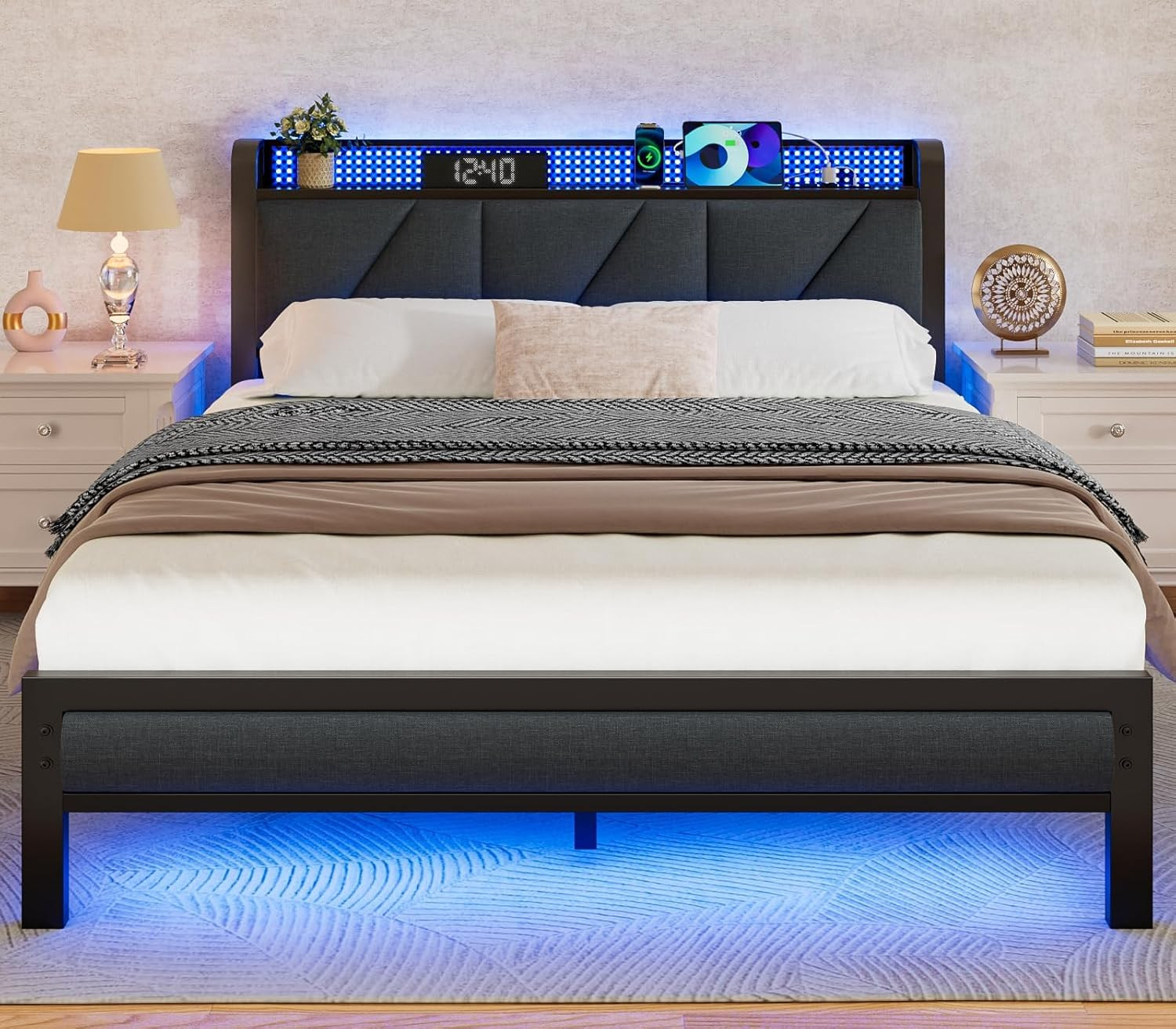 Base Marco De Cama Queen Plataforma Tapizada Cabecero Ajustable con Luz NUEVO