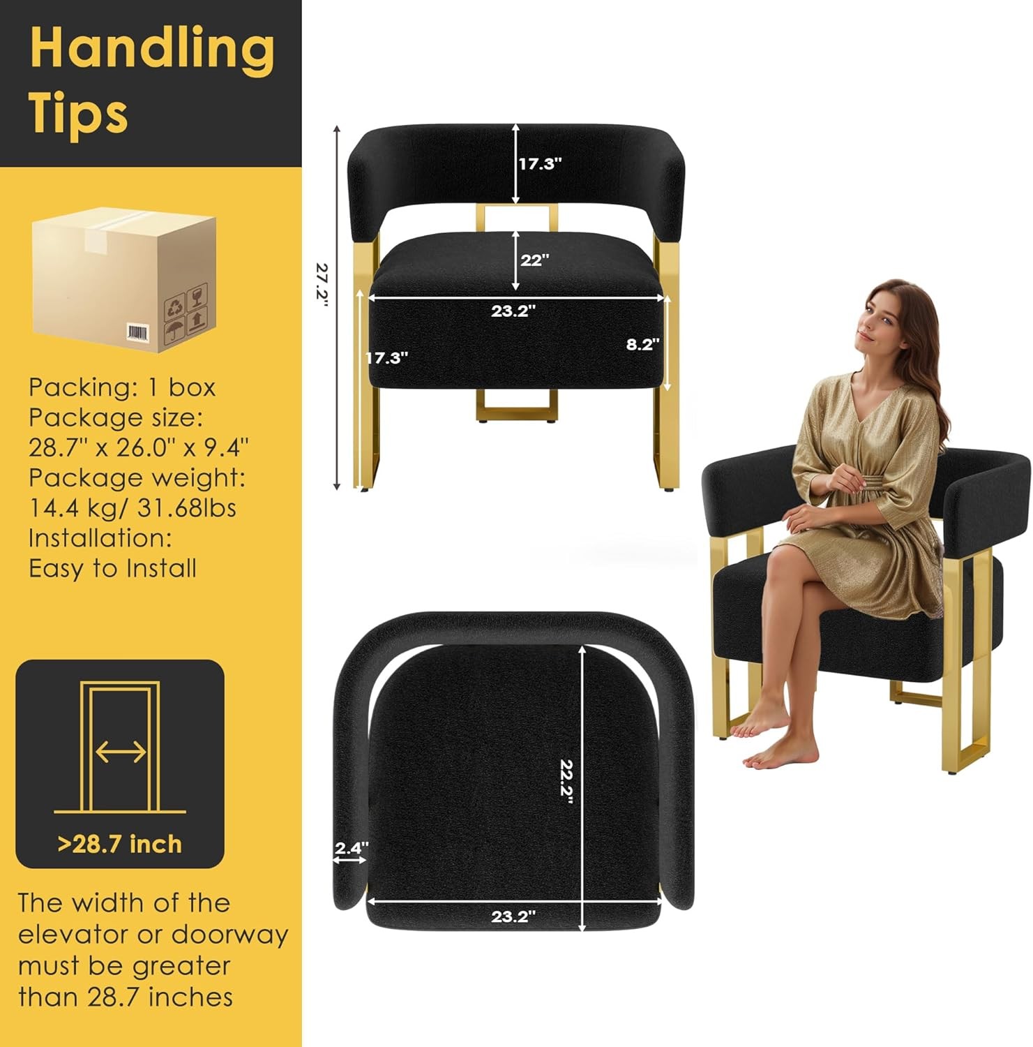 Modern Black and Gold Accent Chair Set of 2 Boucle Bucket Arm Chairs Bedroom