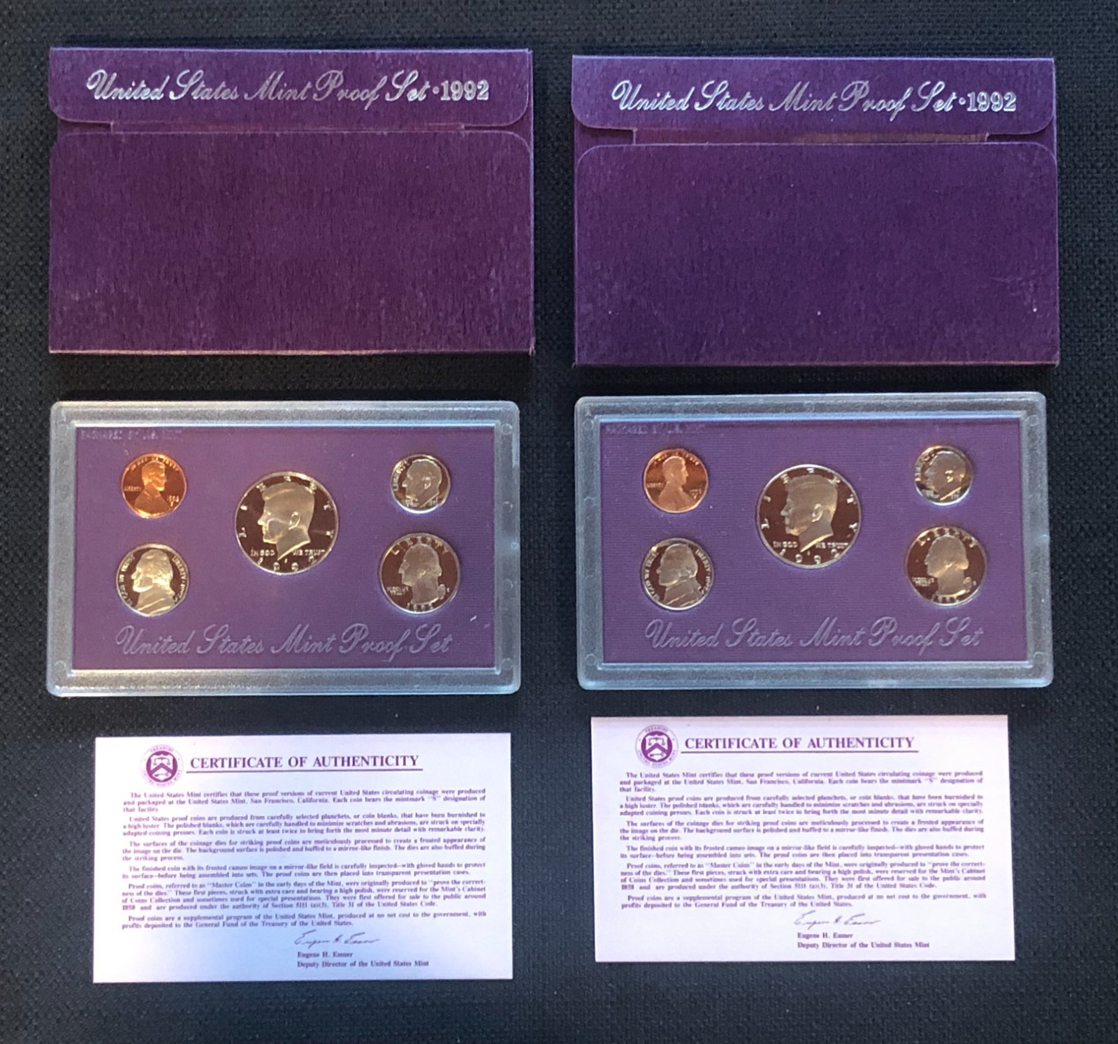 (2)x 1992-S PROOF SETS U.S. Mint (5 Coins each Set) w/Packaging & COAs LOT