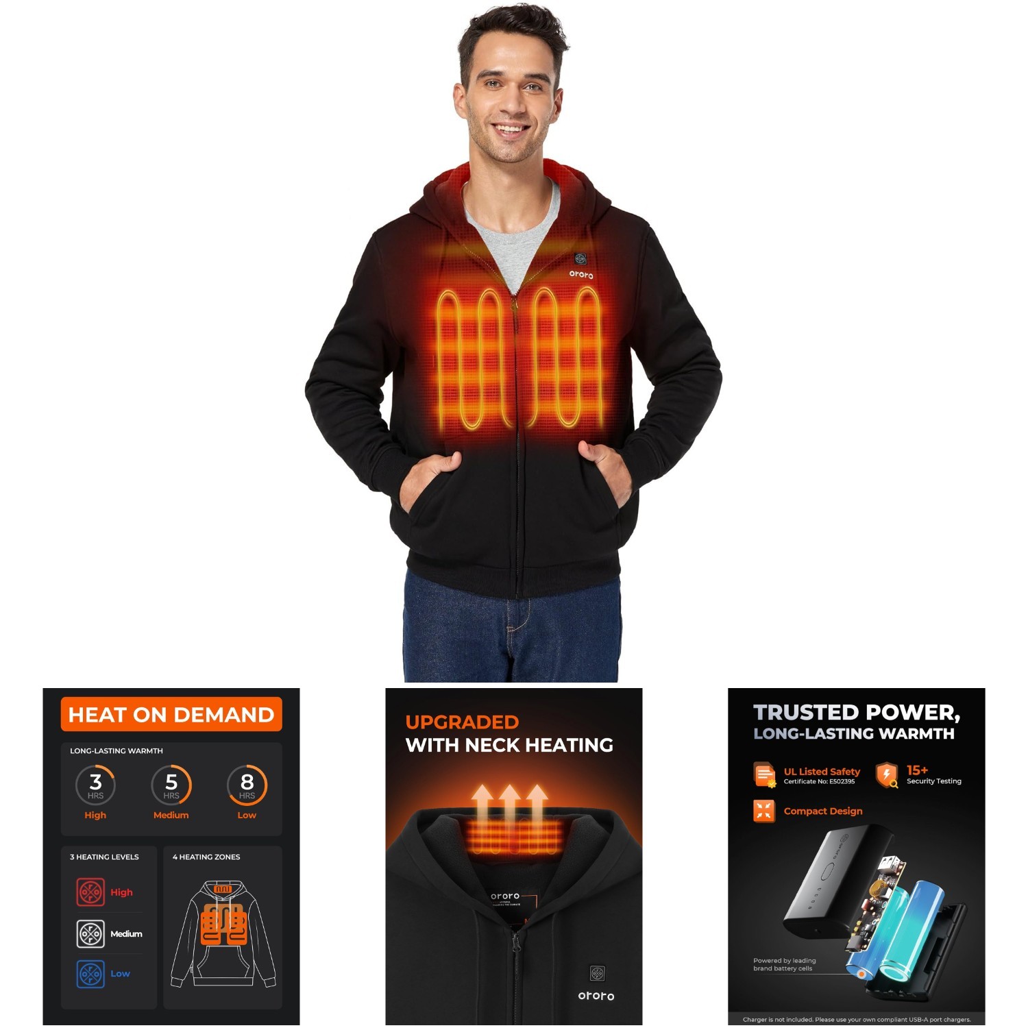 4-Zone Heated Hoodie Full Zip Fleece Collar Battery Operated Black