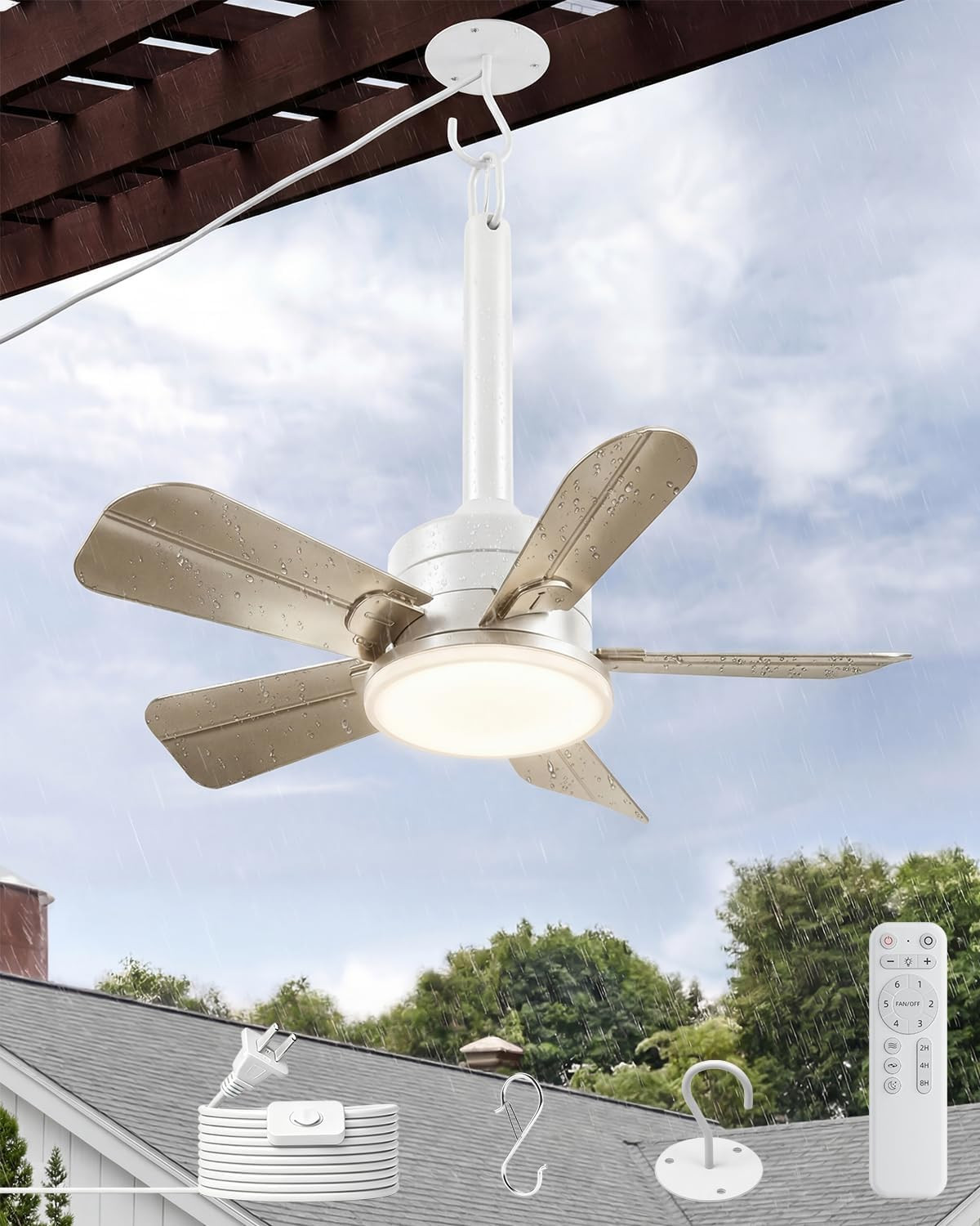20" Waterproof Outdoor Ceiling Fan with Light & Remote for Small Spaces