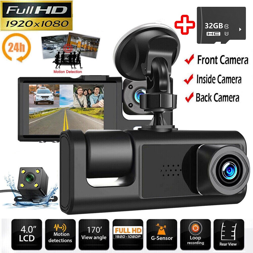 Camara De Seguridad FHD 1080P Para Carros De 170° Cámara De 3 Canales Con 32GB