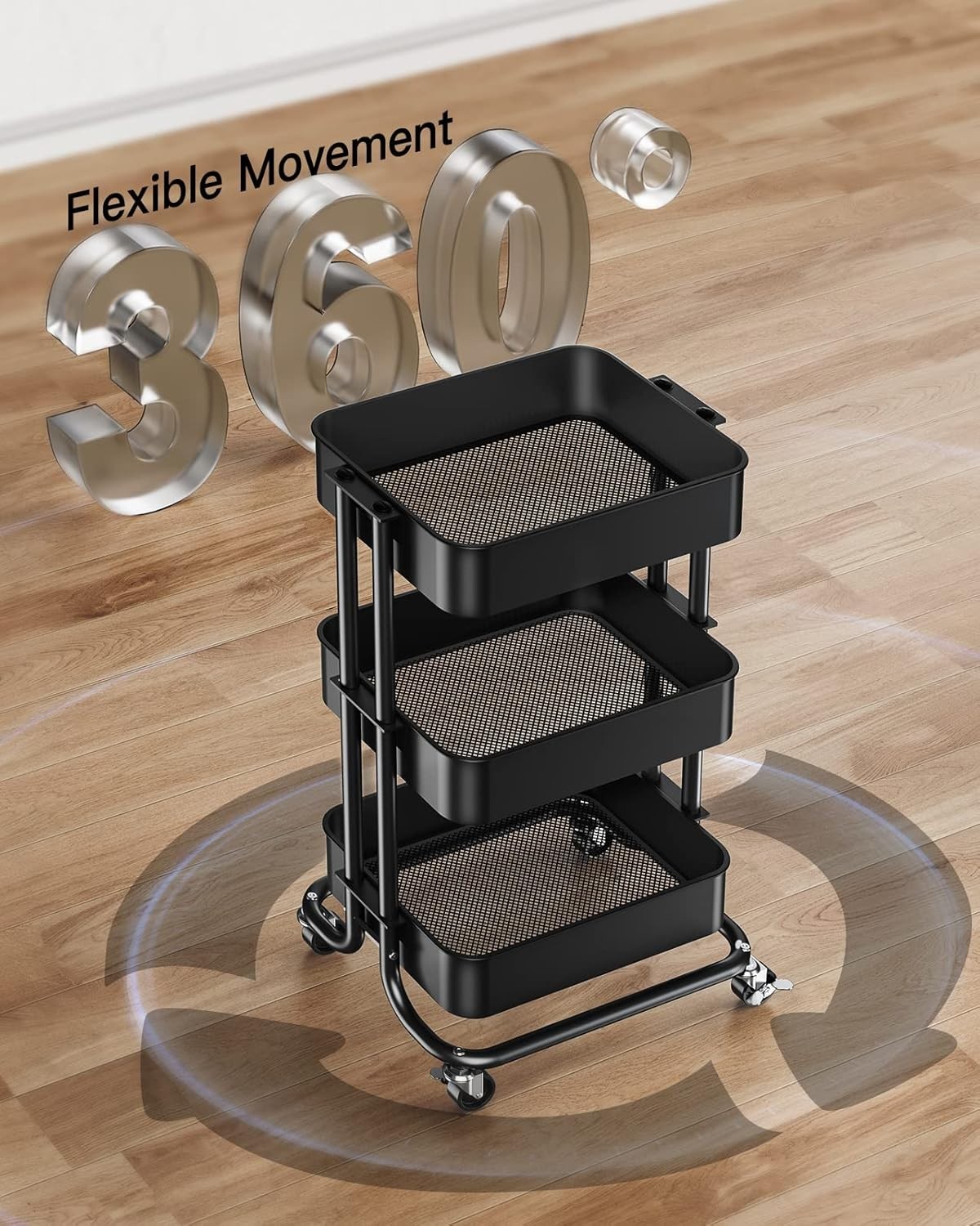 Multifunctional 3-Tier Rolling Utility Cart with Mesh Baskets - Ideal for Home