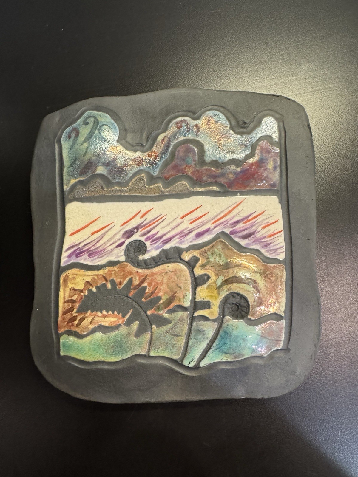 Studio Pottery Raku Wall Hanging Art Signed Outdoor Fern Clouds Horizon