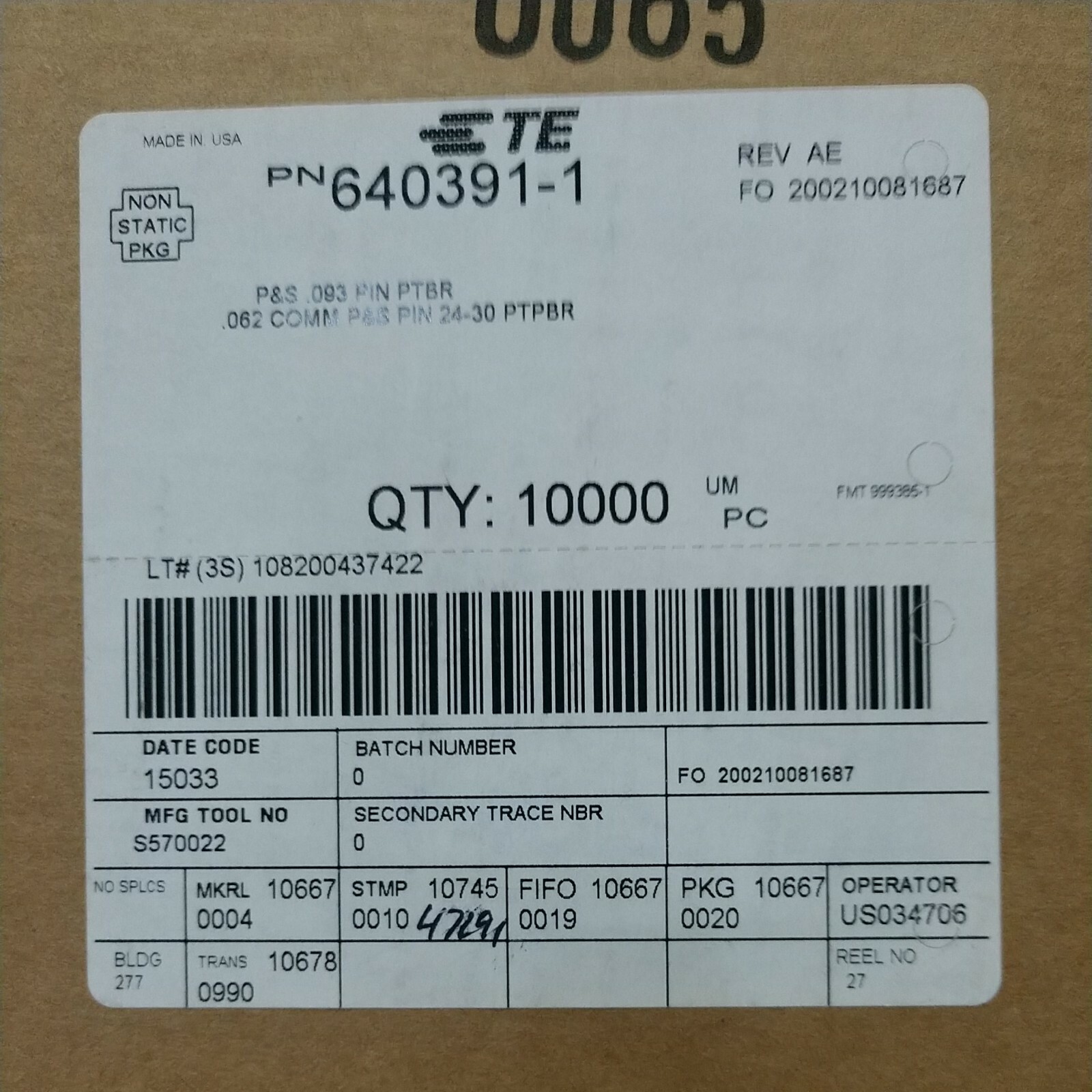 Qty. 10,000 - Terminals Pn 640391-1 Te Conectivity