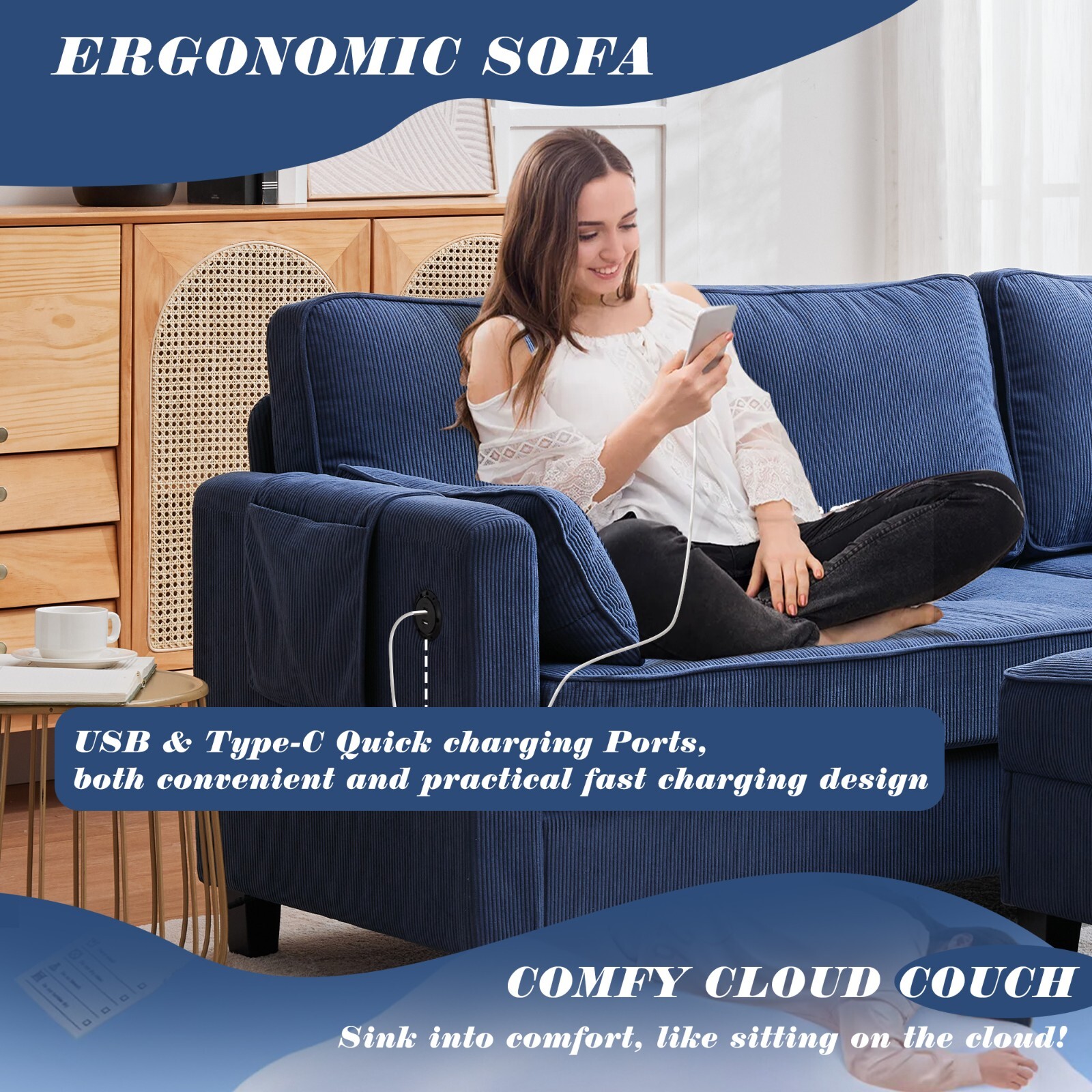 Convertible Sectional Couches W/Storage Chaise, USB Ports, Side Pockets
