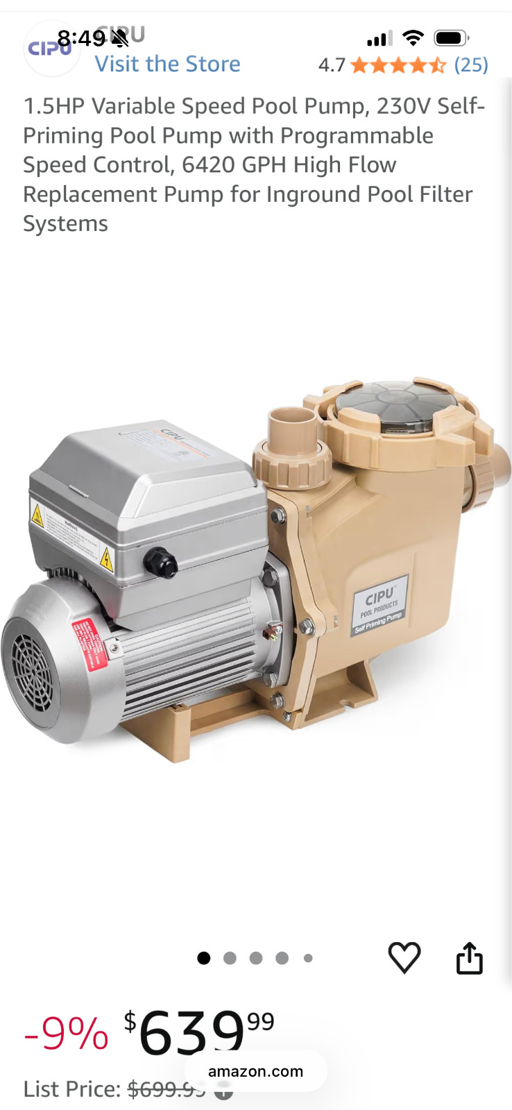 CIPU 1.5HP Variable Speed Pool Replacement Pump 230V Filter System 6420 GPH