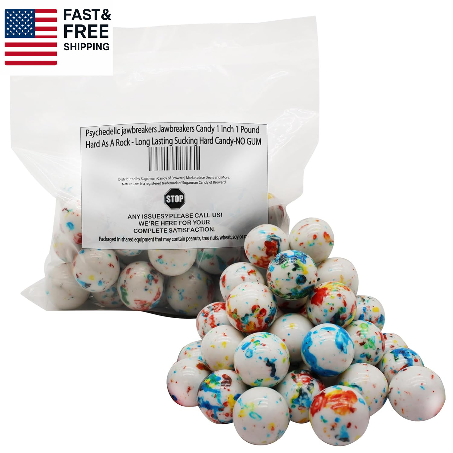 Psychedelic Jawbreakers Candy 1 Inch 1 Pound Hard as a Rock - Long 32 Pieces