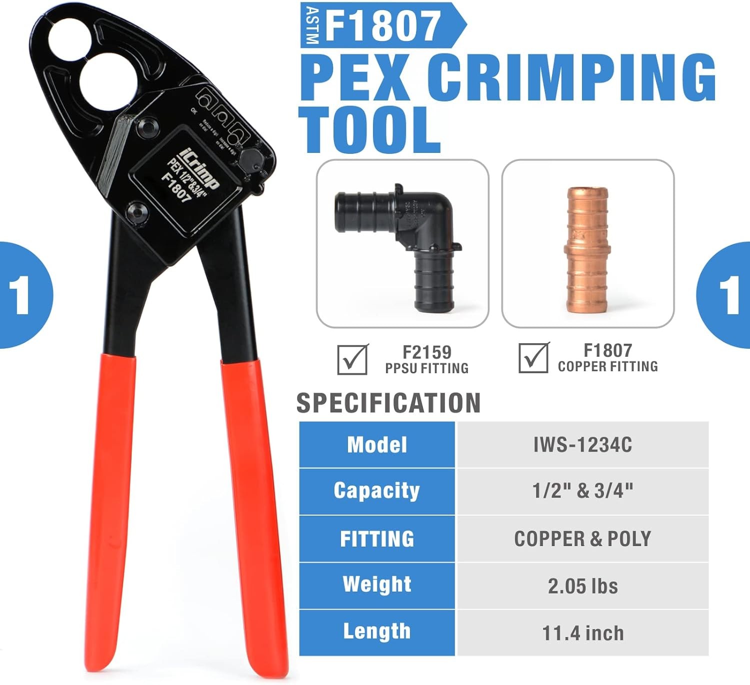 Combo Angle Head Pex Pipe Plumbing Crimping Tool 1/2" & 3/4"