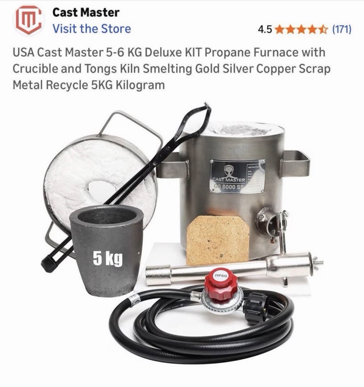 USA Cast Master 5-6 KG Deluxe KIT Propane Furnace with Crucible and Tongs Kiln S