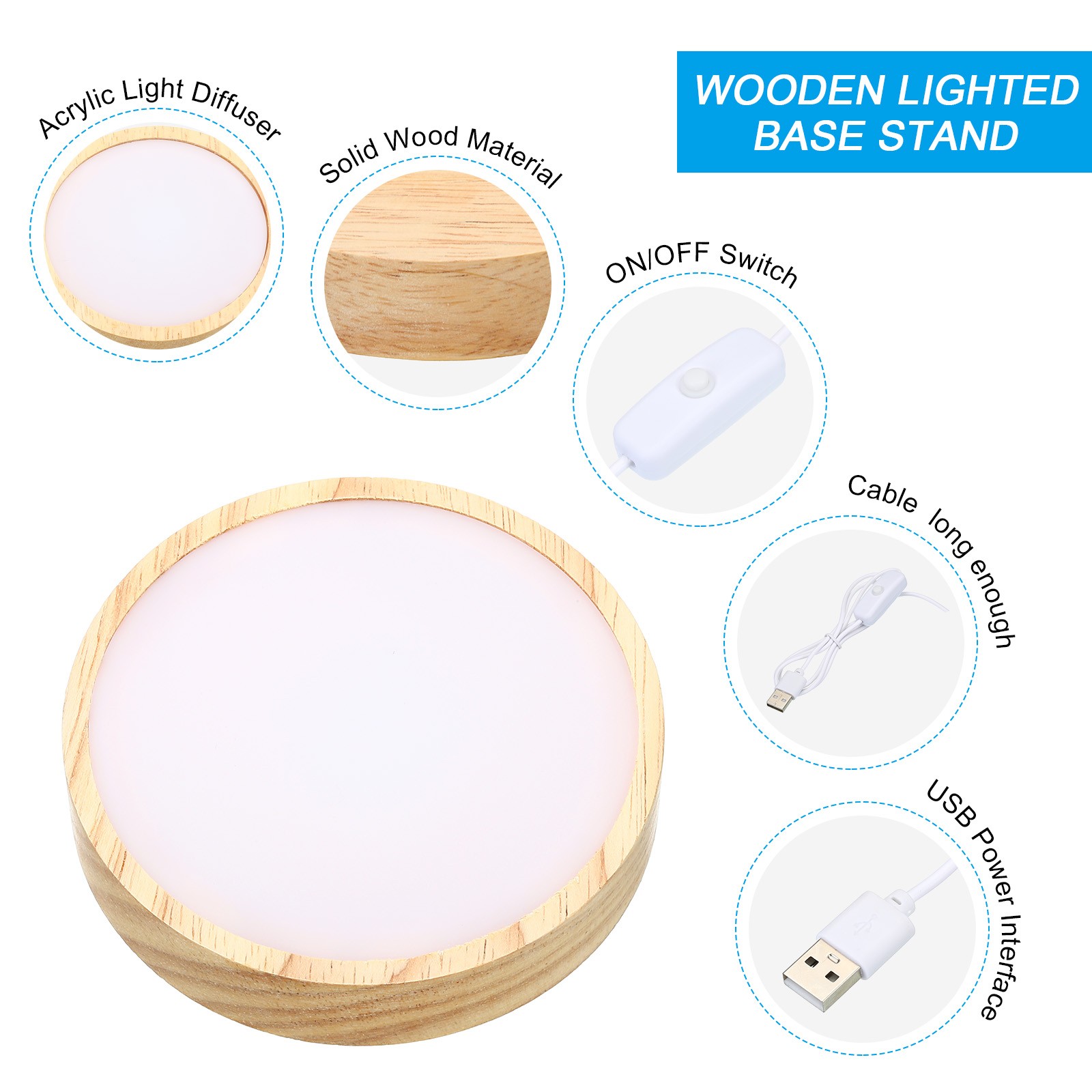 2pcs 4" Wooden LED Light Base Wood Light Display Base Stand White Light Color