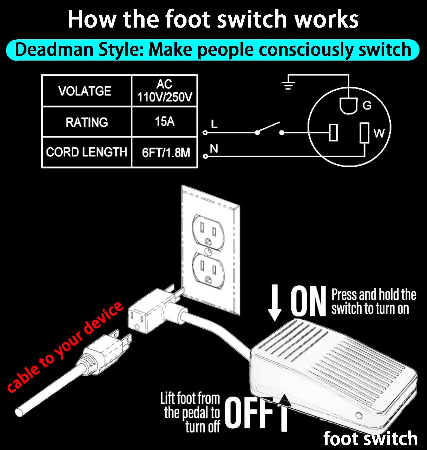 Foot Switch Foot Operated Pedal Controller On/Off Power Switch Woodworking