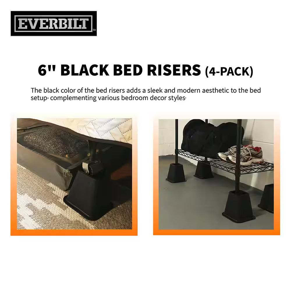 6 Inch Bed Risers 4-Pack Durable Heavy Duty Construction Ensures Black Accessory