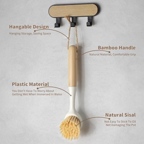 Dish Brush with Built-in Scraper - 4 Pack Bamboo Dish Scrubber Brush with